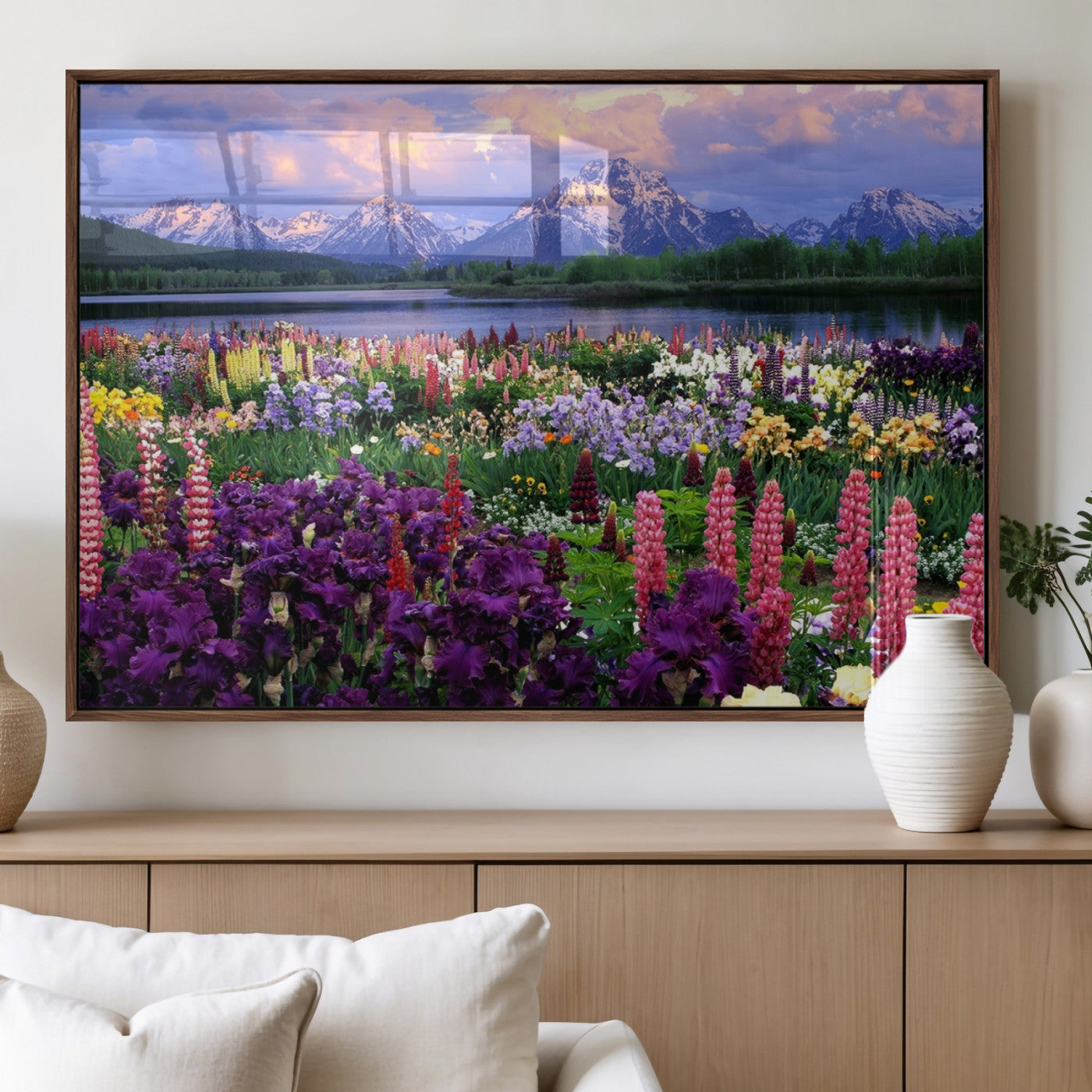 82270-MGV-FP-36X24-3P_Walnut-Vibrant Wildflower Garden and Mountain View Giclee Canvas Print | Floral Wall Art for Living Room