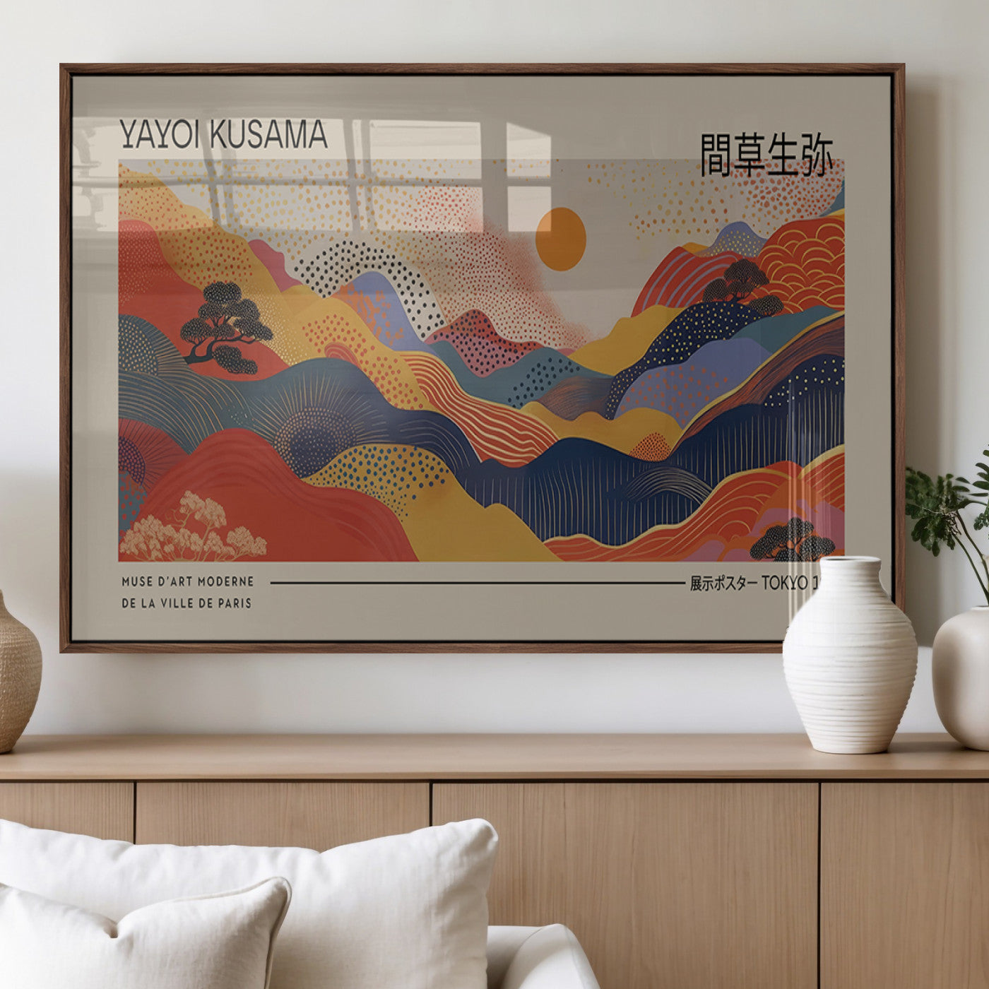 87627-MGV-FP-36X24-3P_Walnut-Yayoi Kusama Landscape Canvas Print, Vibrant Floral Mountain Art Print, Botanical Flower Nature