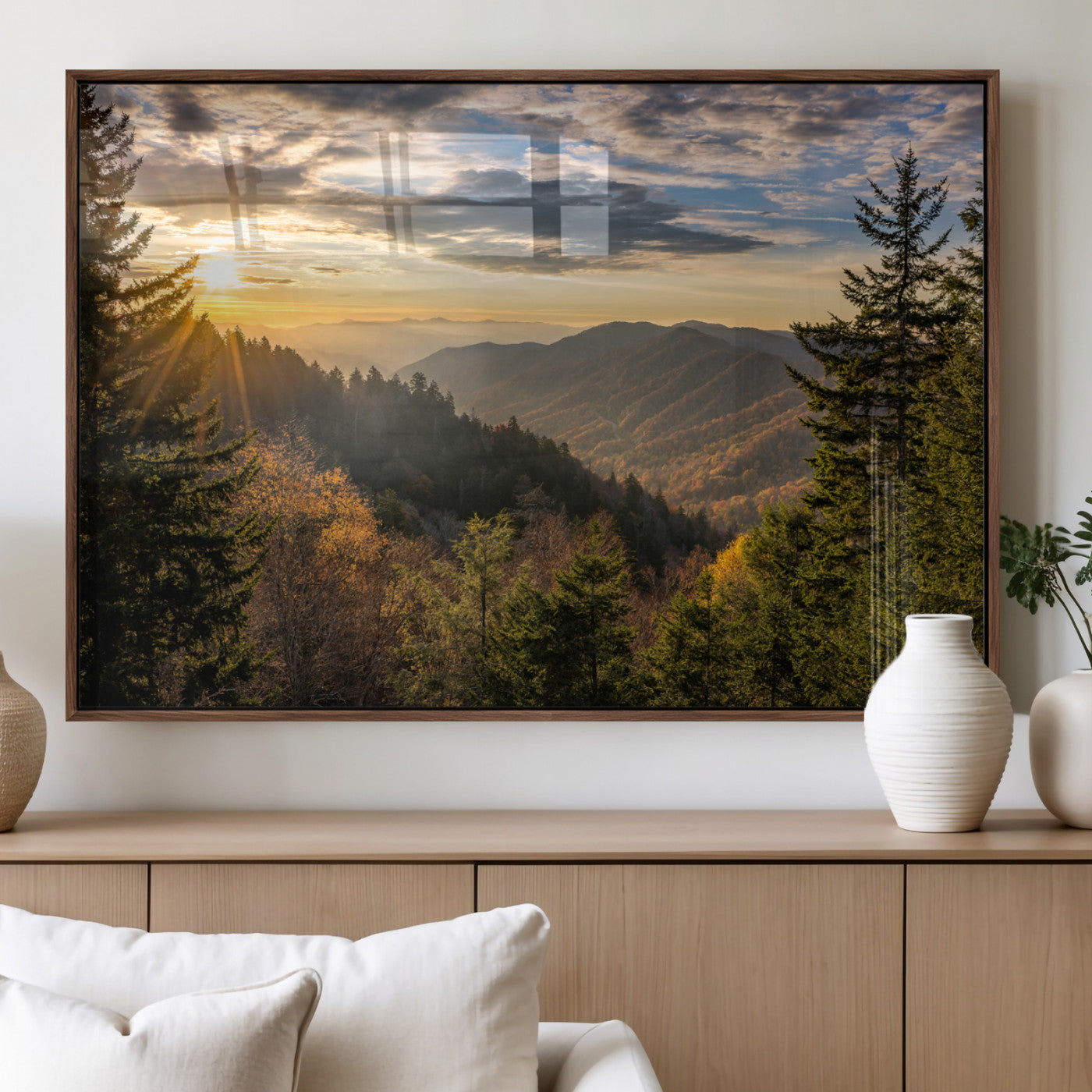 73692479-MGV-FP-36X24-3P_Walnut-Sunrise Over the Smoky Mountains Canvas Wall Art – Breathtaking Scenic Landscape Photography in a