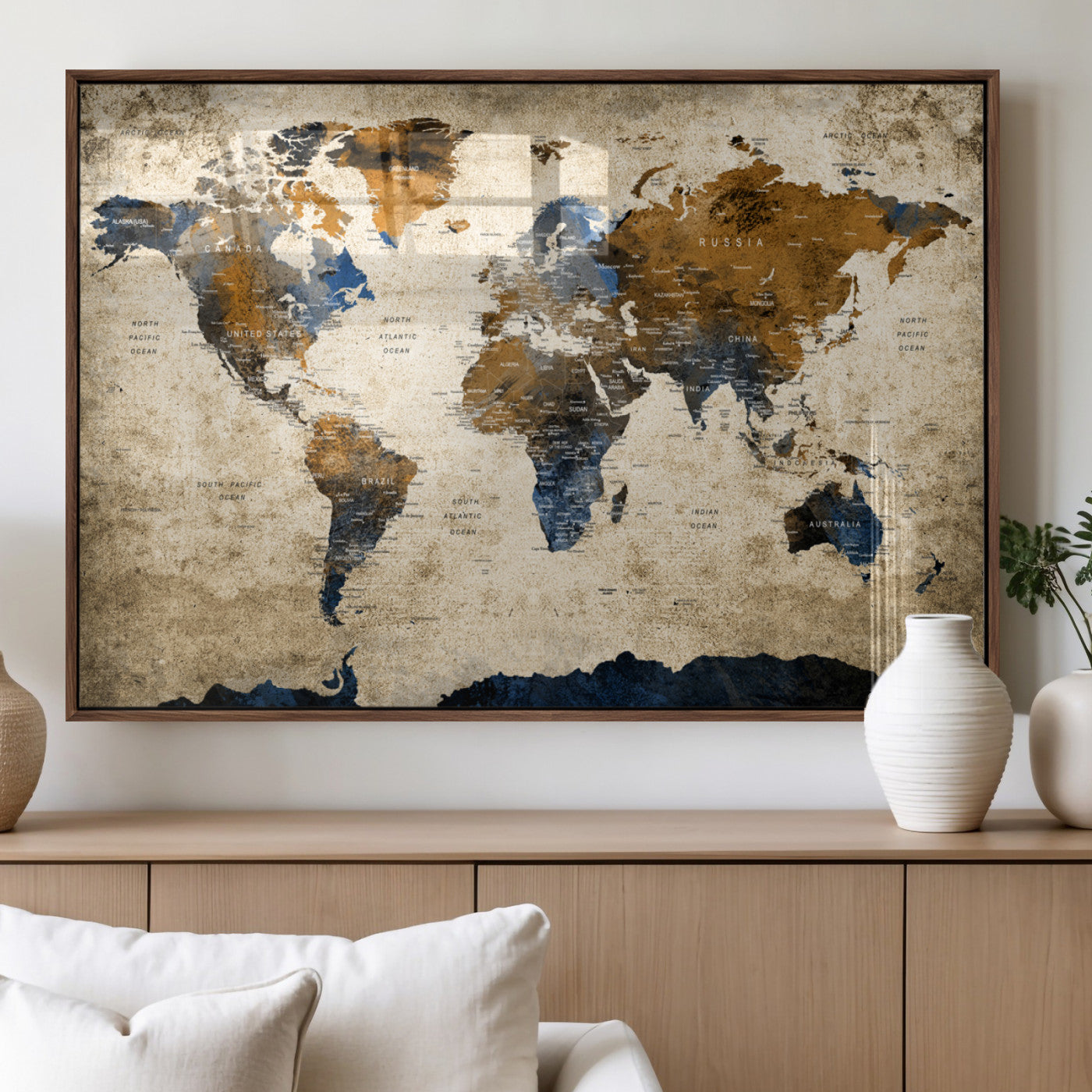 51140-MGV-FP-36X24-3P_Walnut-World Map Wall Art – Rustic Earth Tone Canvas Print, Antique Travel Map Design for Living Room, Office or Study, Classic Adventure Decor