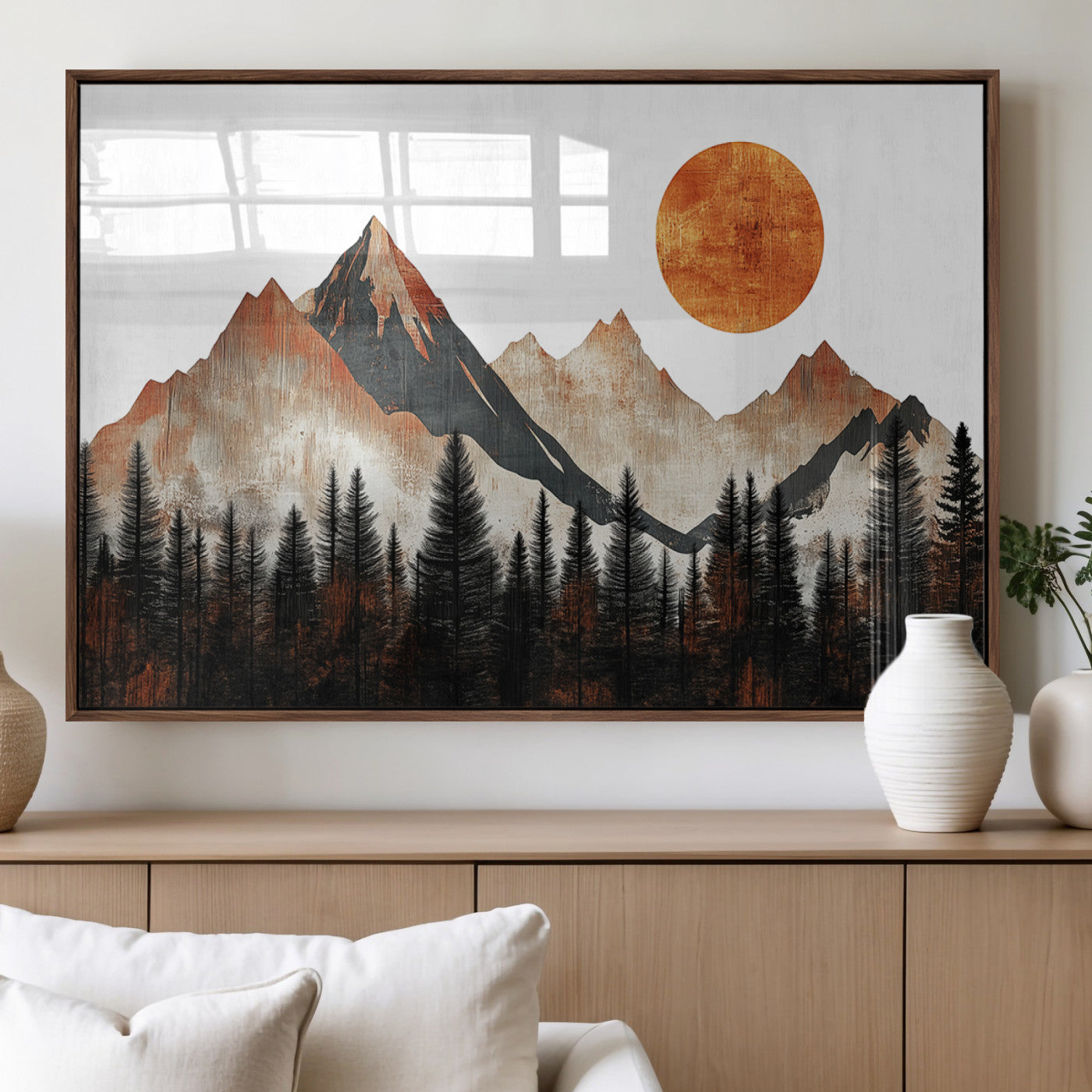 71366-MGV-FP-36X24-3P_Walnut-Modern Abstract Mountain Canvas Wall Art Print, Abstract Landscape Print, Rustic Sun and Mountains