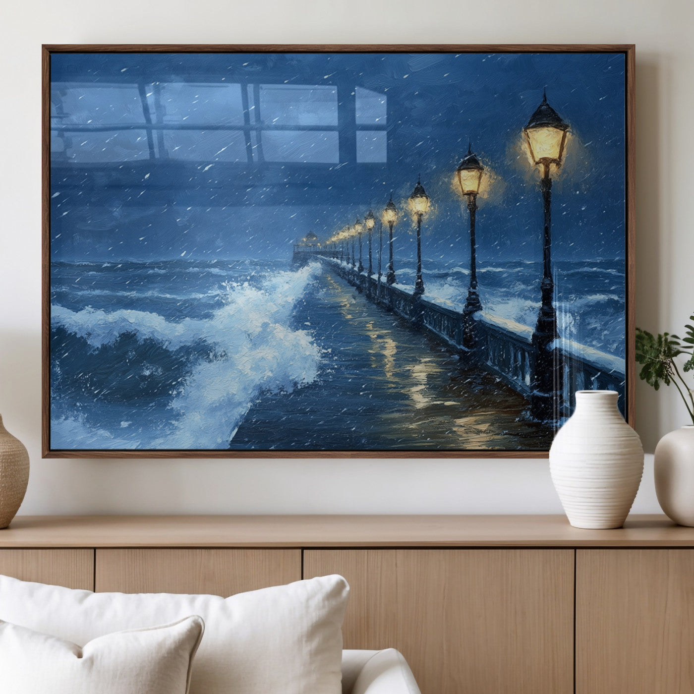 32668-MGV-FP-36X24-3P_Walnut-Stormy Ocean Pier Lights Canvas Wall Art Print - Large Moody Night Scene for Living Room, or Office,