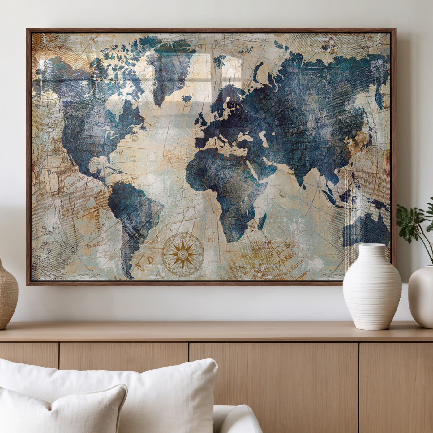 84561-MGV-FP-36X24-3P_Walnut-Push Pin World Map Canvas Print – Framed Wall Art for Couples, Travel Tracker Map, Anniversary Gift for Home Decor