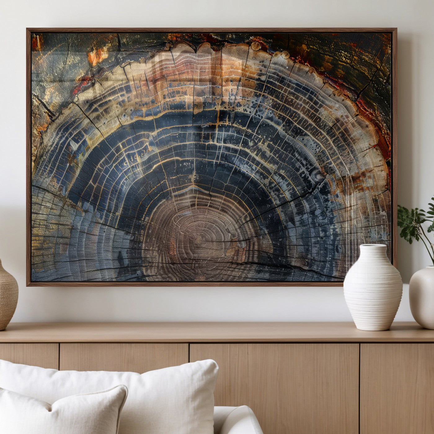 16193-MGV-FP-36X24-3P_Walnut-Framed Tree Ring Wall Art - Abstract Colorful Tree Ring Wall Decor, Minimalist Home Canvas Art,