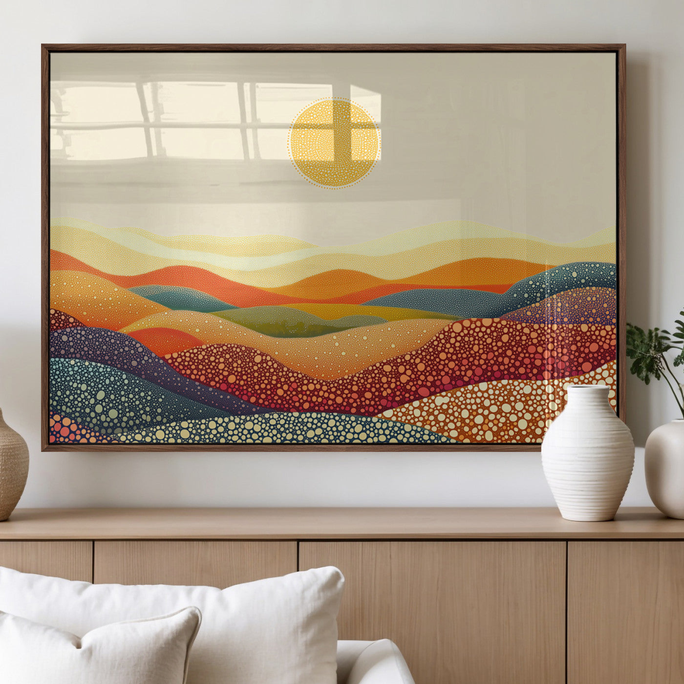 74226-MGV-FP-36X24-3P_Walnut-YAYOI KUSAMA Colorful Dot Art Landscape Canvas - Framed Abstract Pointillism Inspired by Nature with