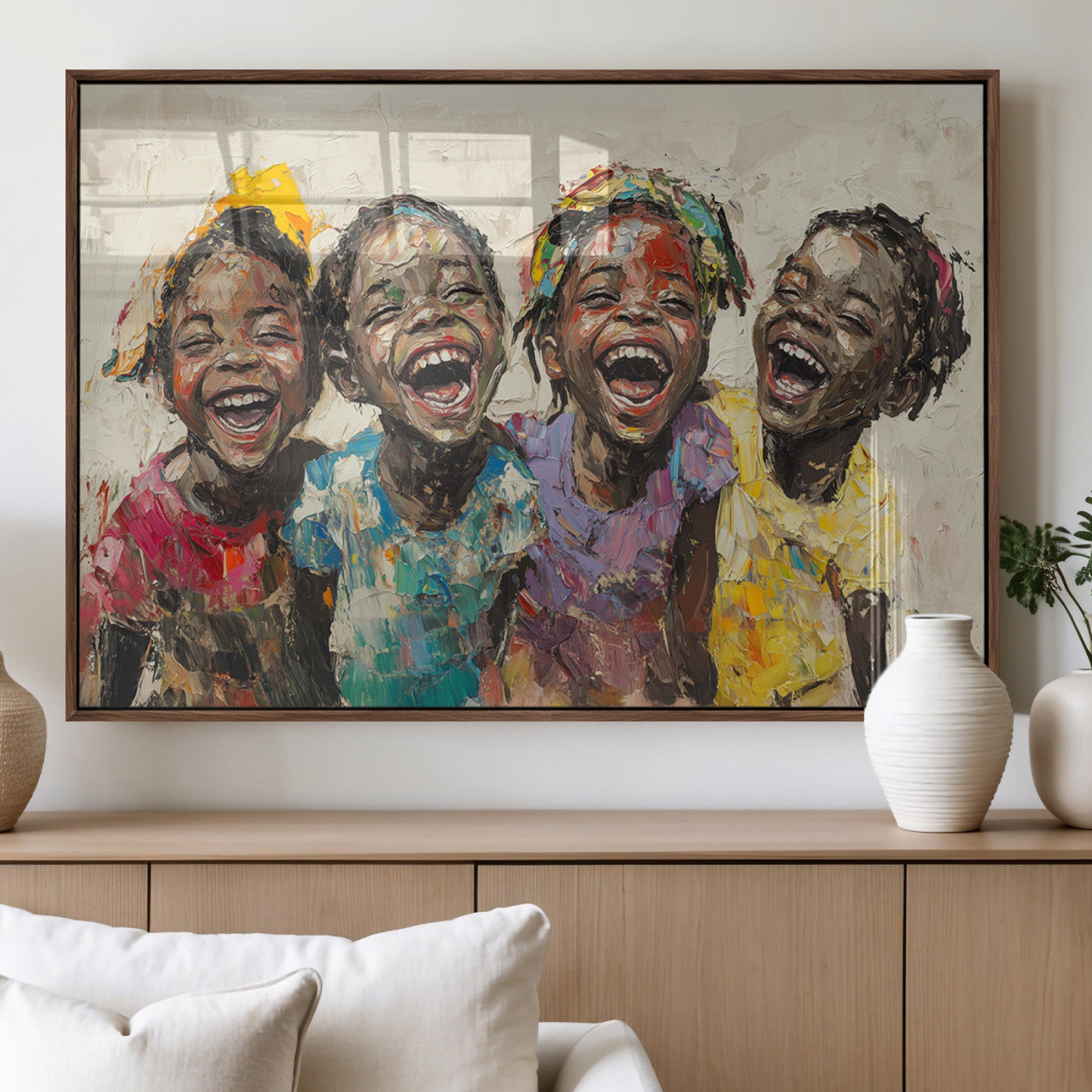 93034-MGV-FP-36X24-3P_Walnut-Shai Yossef style Joyful Childhood Canvas Wall Art - Expressive Impasto Painting of Black Children