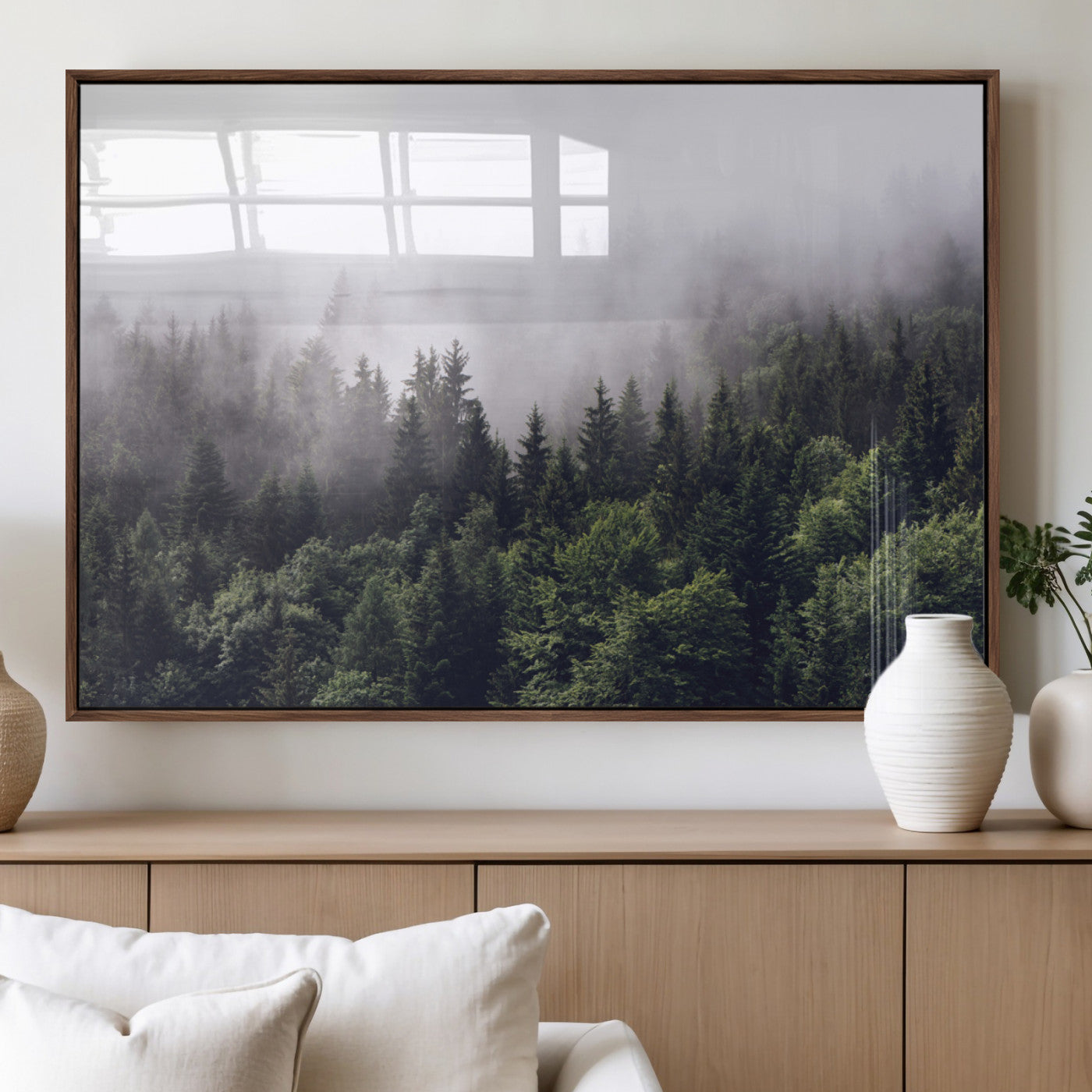 42578900-MGV-FP-36X24-3P_Walnut-Misty Forest Canvas Wall Art – Serene Triptych Nature Print – Woodland Landscape Decor for Living