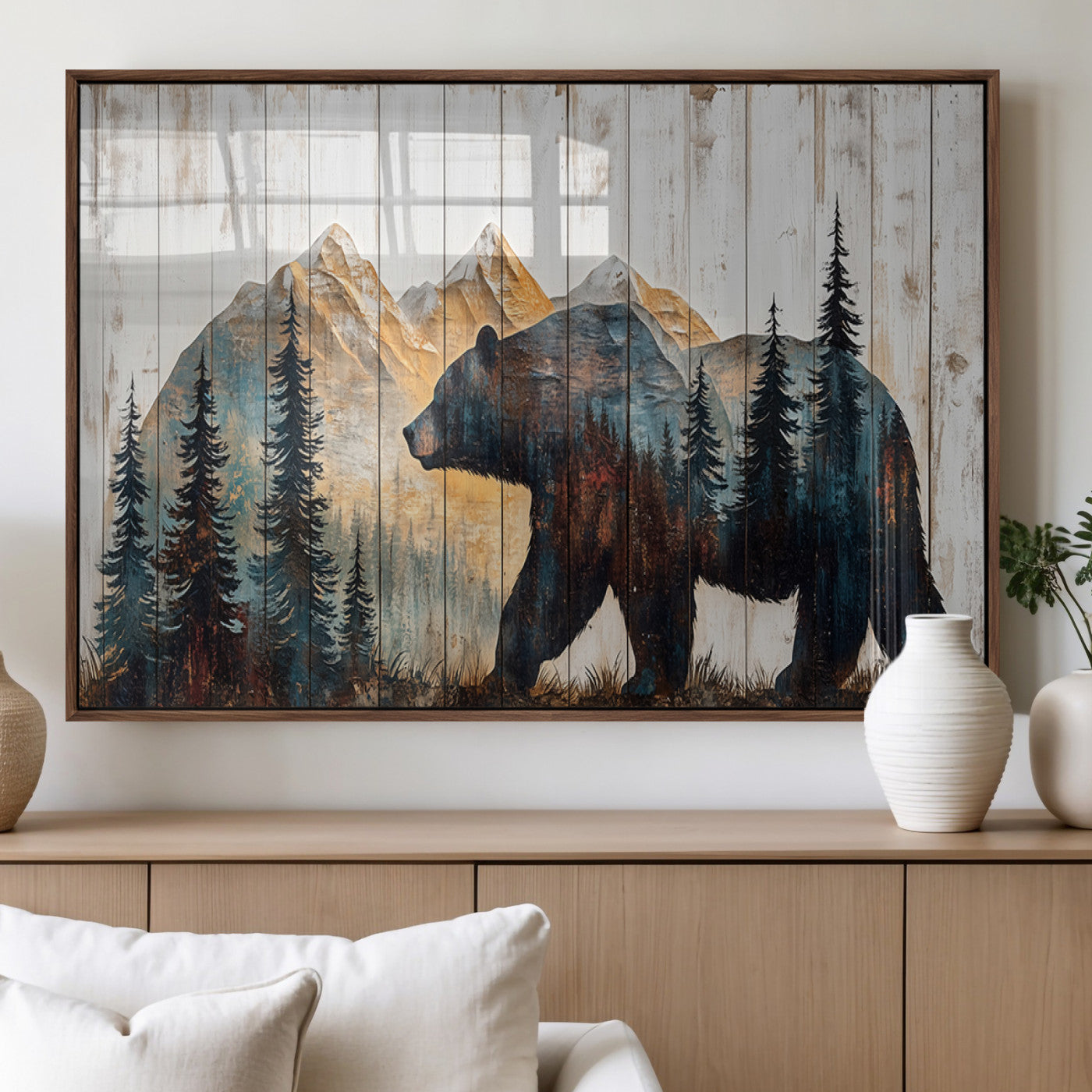 90077-MGV-FP-36X24-3P_Walnut-Rustic Bear Wall Art - Grizzly 399 Bear Wall Art - Mountain Wood Canvas Wall Art - Nature Theme