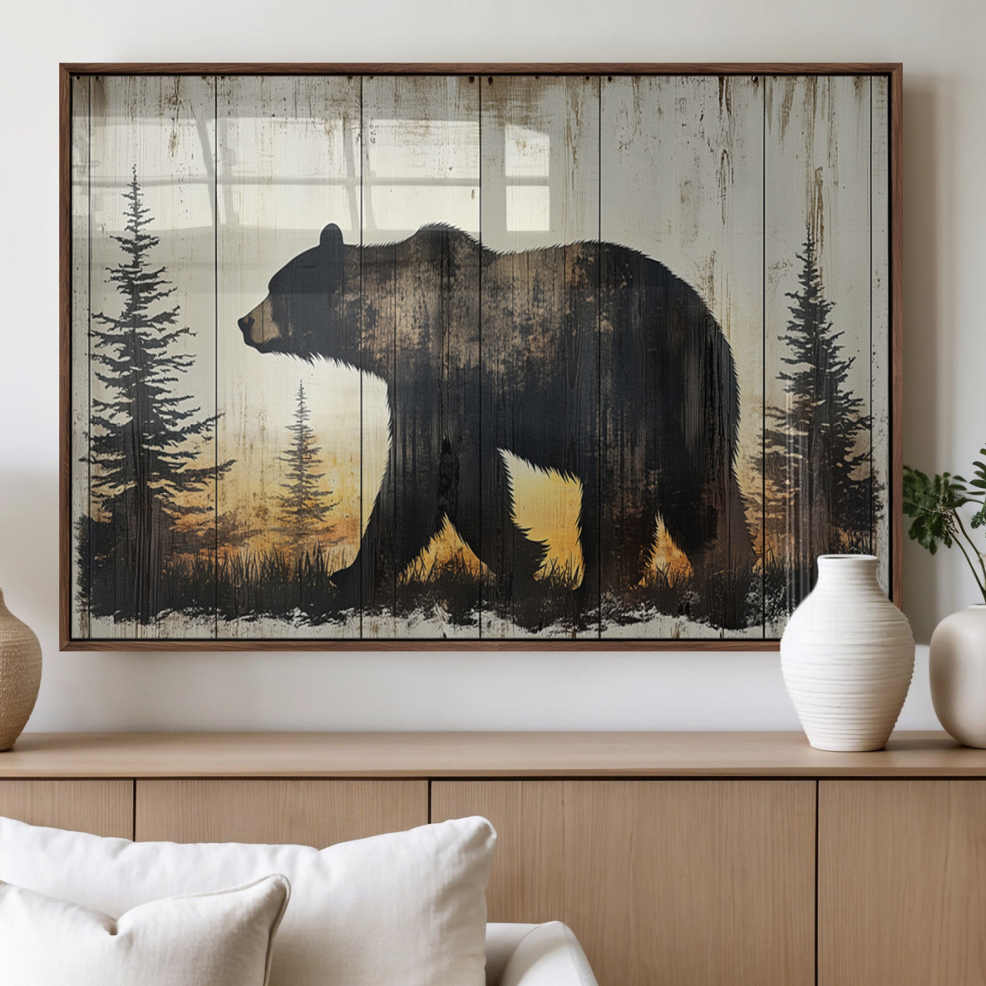 83875-MGV-FP-36X24-3P_Walnut-Vintage Bear Wall Art Canvas Print for Farmhouse - Mountain Wood Canvas Wall Art - Forest Silhouette