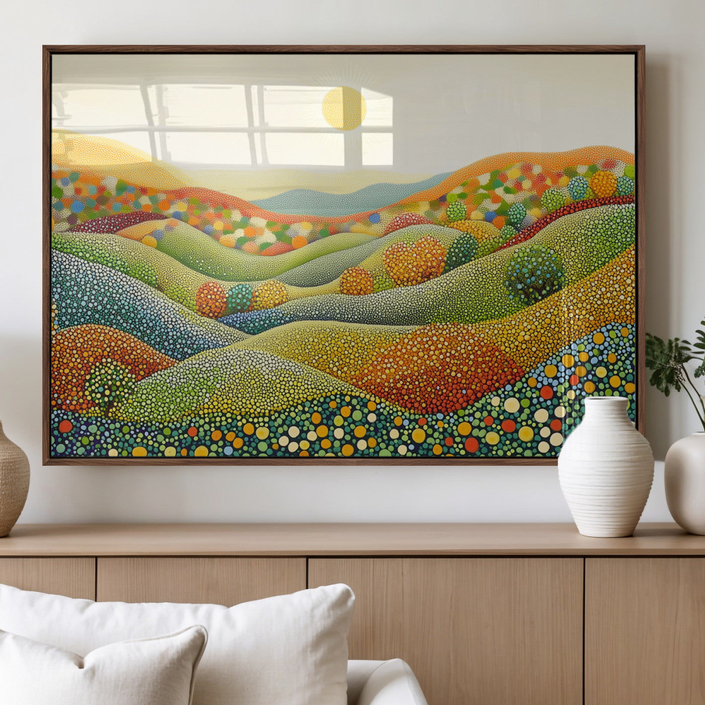 27683-MGV-FP-36X24-3P_Walnut-YAYOI KUSAMA Colorful Dot Art Landscape Canvas - Framed Abstract Pointillism Inspired by Nature with