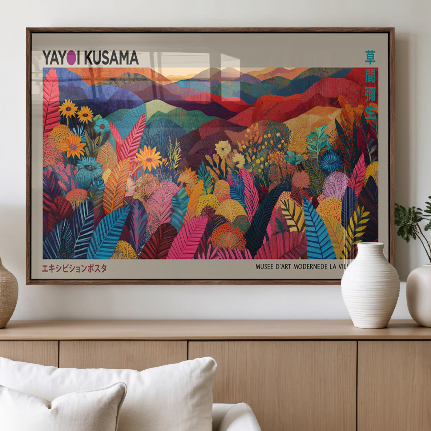 53639-MGV-FP-36X24-3P_Walnut-Yayoi Kusama Wall Art Canvas Print, Abstract Art, Large Yayoi Kusama Framed Print, Japanese Wabi