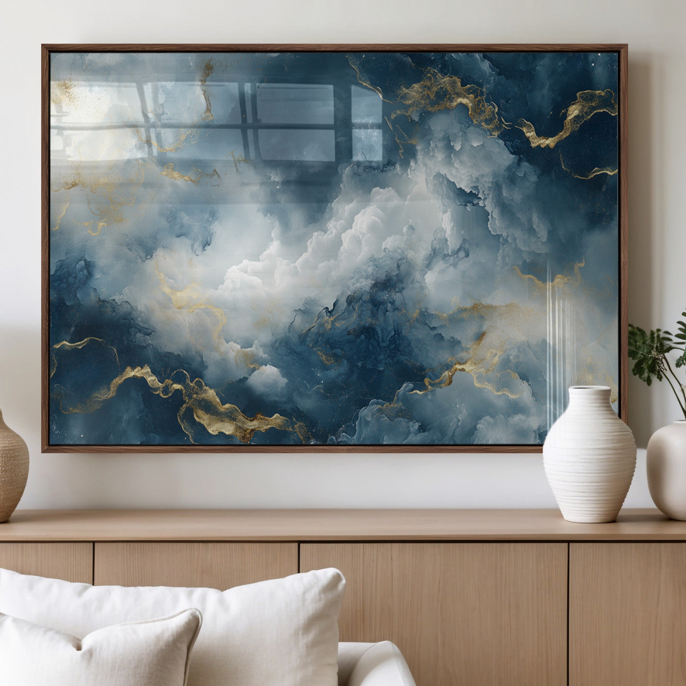 48298-MGV-FP-36X24-3P_Walnut-Large Abstract Print - Luxe Blue and Gold Abstract Canvas Wall Art - Bold Cloudscape Canvas for