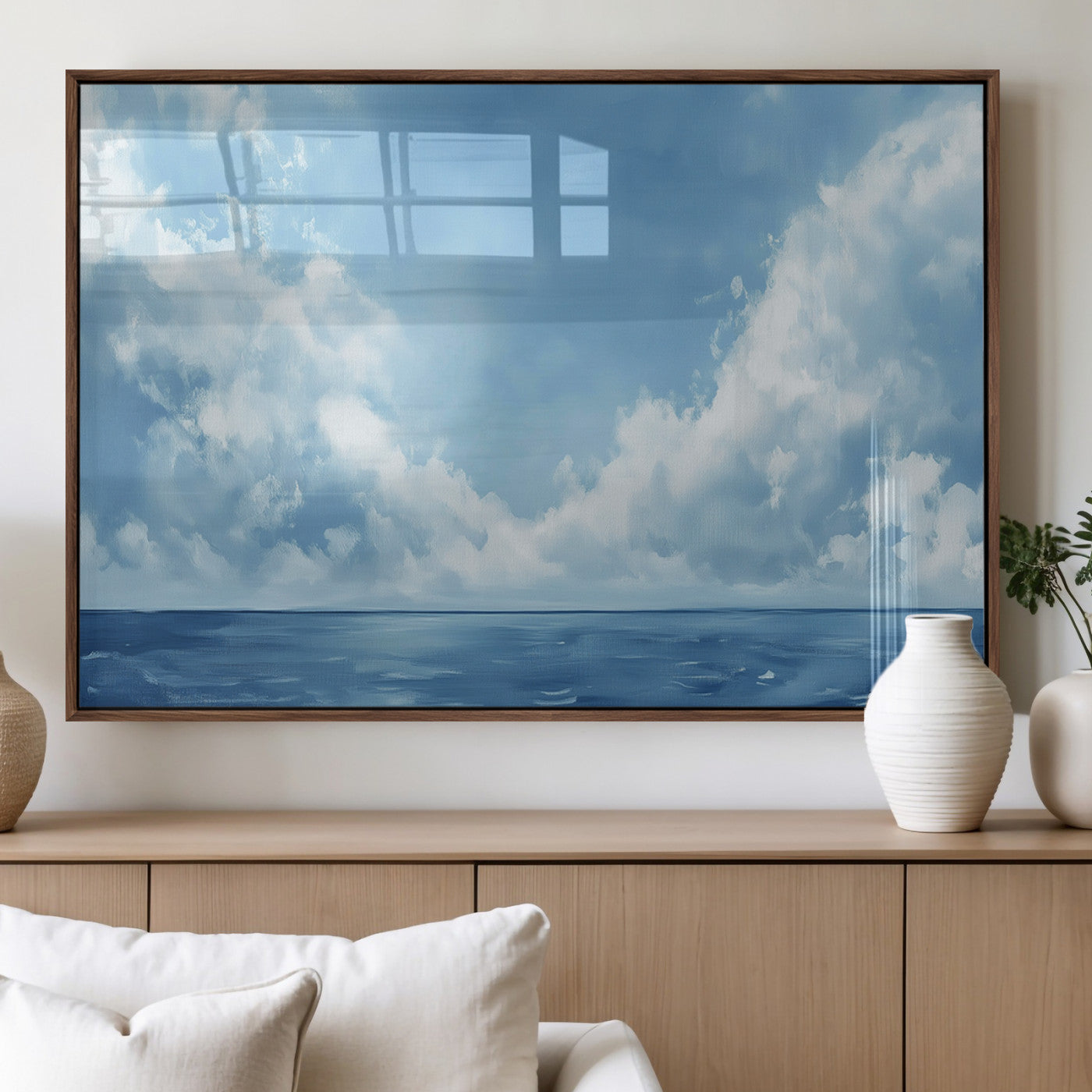 57554-MGV-FP-36X24-3P_Walnut-Abstract Ocean Print Artwork- Serene Blue Ocean Canvas Wall Art - Minimalist Ocean and Sky Canvas