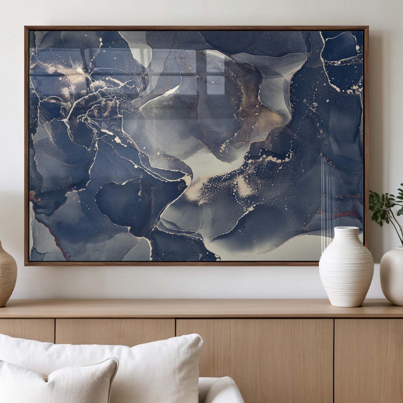 28282-MGV-FP-36X24-3P_Walnut-Large Abstract Blue and Gold Canvas Wall Art | Fluid Ink Artwork Print | Luxury Wall Decor for