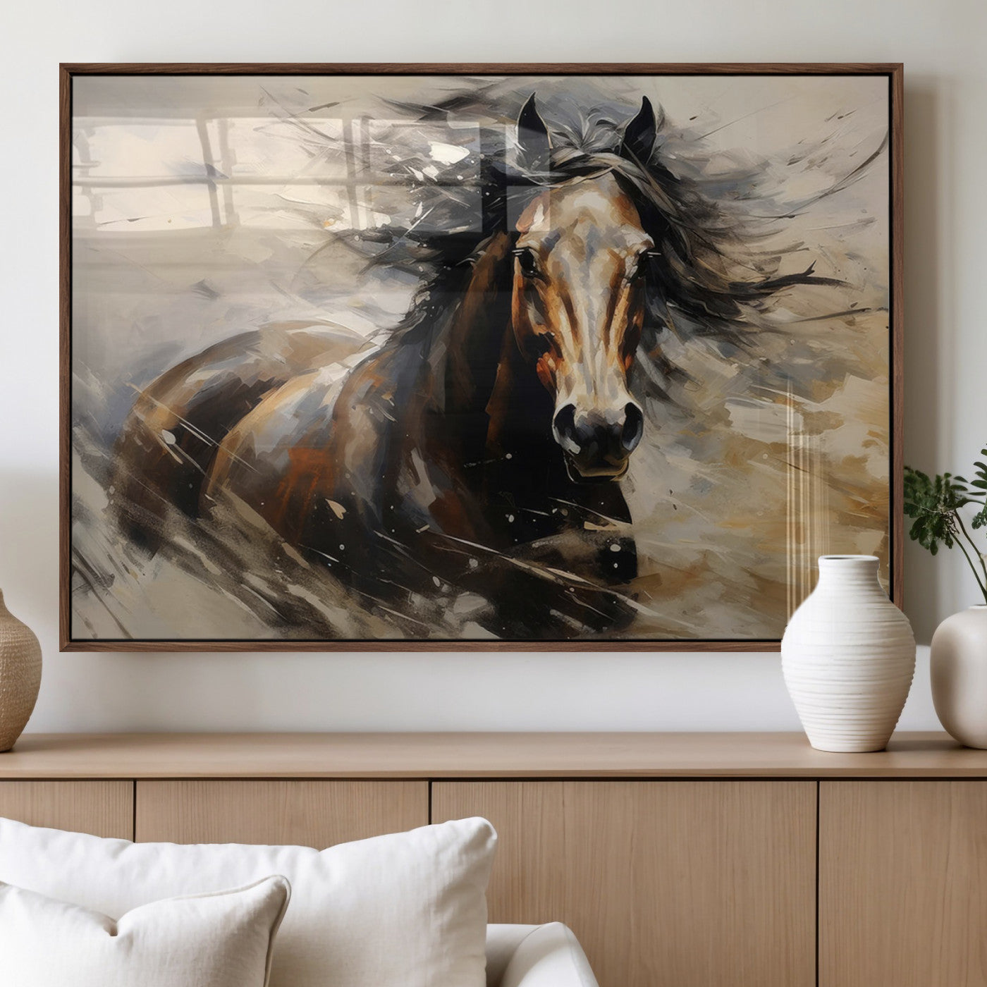 53001-MGV-CV-36X24 - Abstract Wall Art Horse Print - Large Western Horse Canvas - Farmhouse Woodland Wall Art - Framed