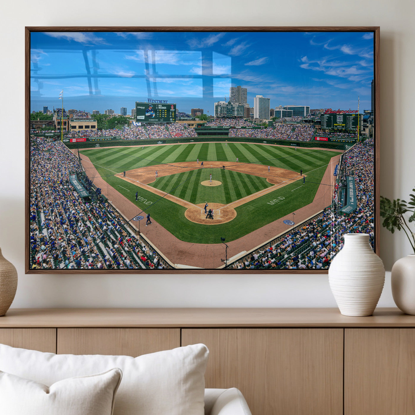 26064-MGV-FP-36X24-3P_Walnut-Framed Wrigley Field Chicago Cubs Canvas Print – Panoramic Multi-Piece Iconic Baseball Stadium Wall Art for Home, Office