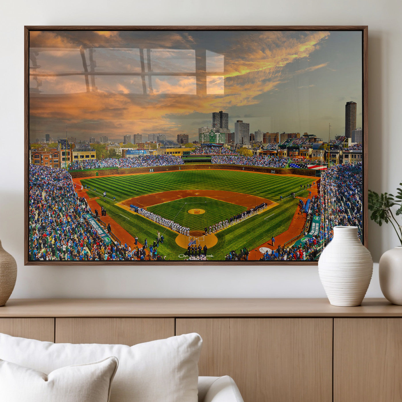 45635-MGV-FP-36X24-3P_Walnut-Chicago Wrigley Field Canvas Wall Art - Iconic Baseball Stadium Art Print - Wrigley Field Chicago