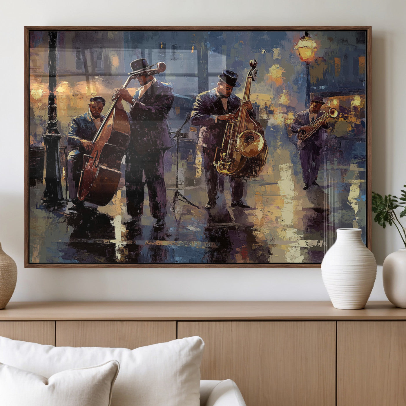 79232-MGV-FP-36X24-3P_Walnut-Afro Abstract Jazz Music Canvas Print - African American Wall Art - Colorful Framed Afro Abstract