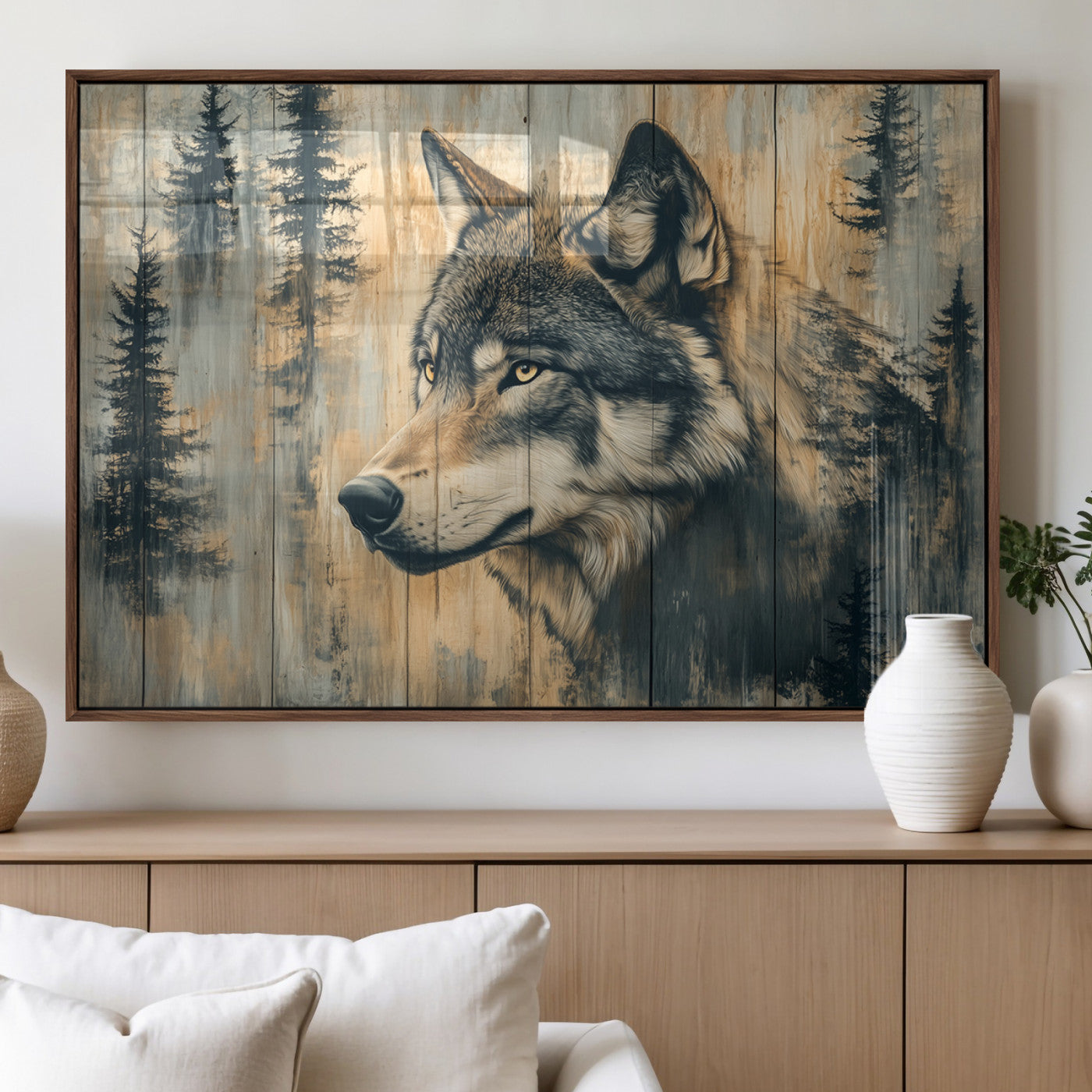 51892-MGV-FP-36X24-3P_Walnut-Wood Style Rustic Wolf Wall Art Canvas Print, Vintage Woodland Wolf Wall Art, Framed Wood Style Wolf