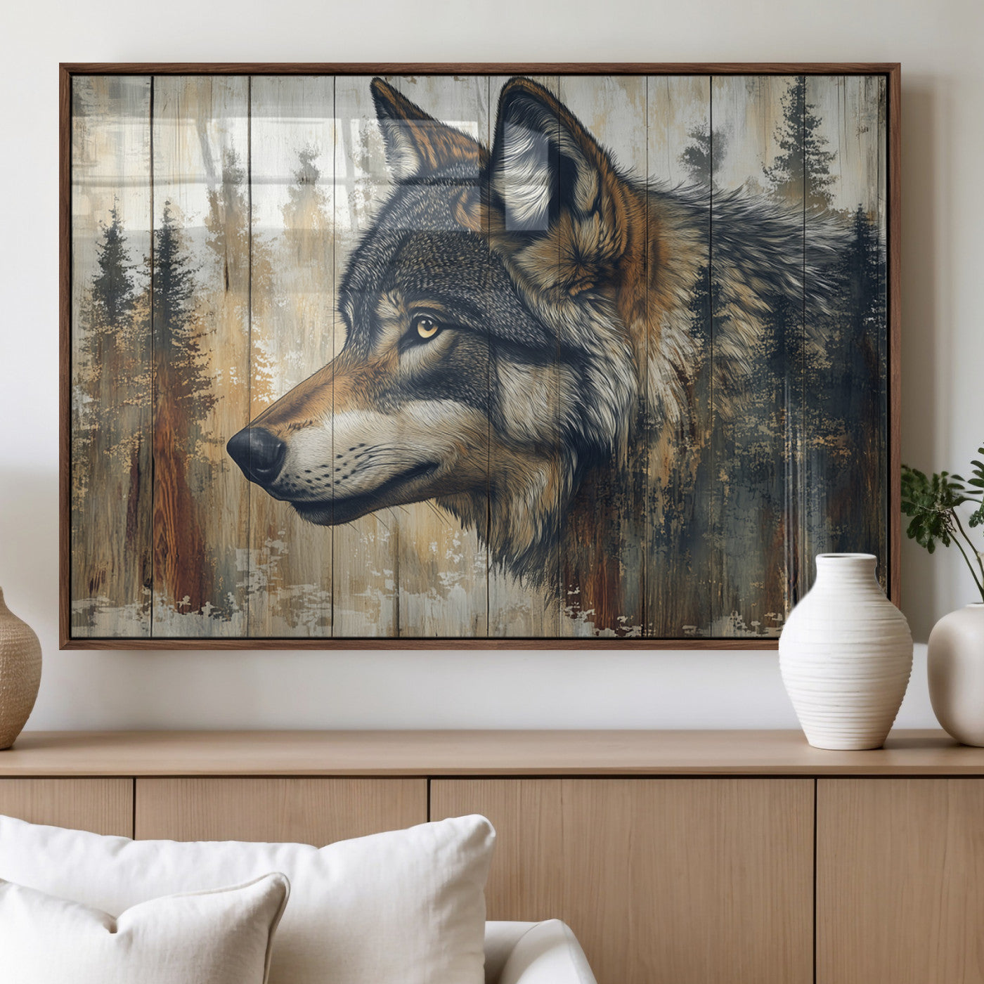 91882-MGV-FP-36X24-3P_Walnut-Rustic Wolf Wall Art Canvas Print, Vintage Woodland Wolf Wall Art