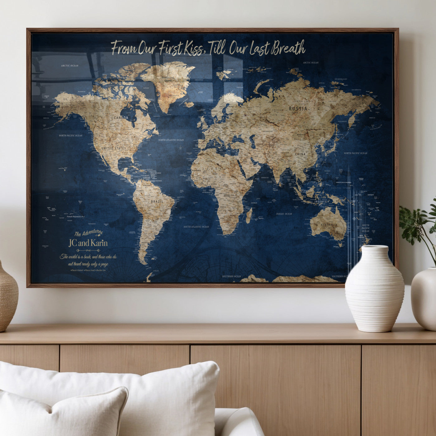 56122A-MGV-FP-36X24-3P_Walnut-Personalized Push Pin World Map Canvas Print – Custom Couple Travel Tracker Wall Art, Framed Anniversary Gift for Home Decor