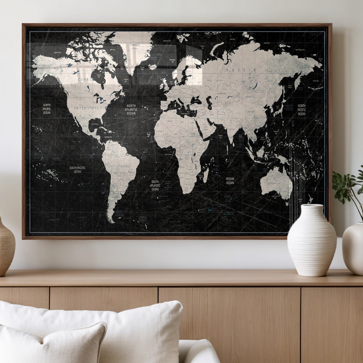 N50Black-MGV-FP-36X24-3P_Walnut-Push Pin World Map Canvas Print – Framed Travel Tracker Wall Art for Couples, Anniversary Gift and Elegant Home Decor