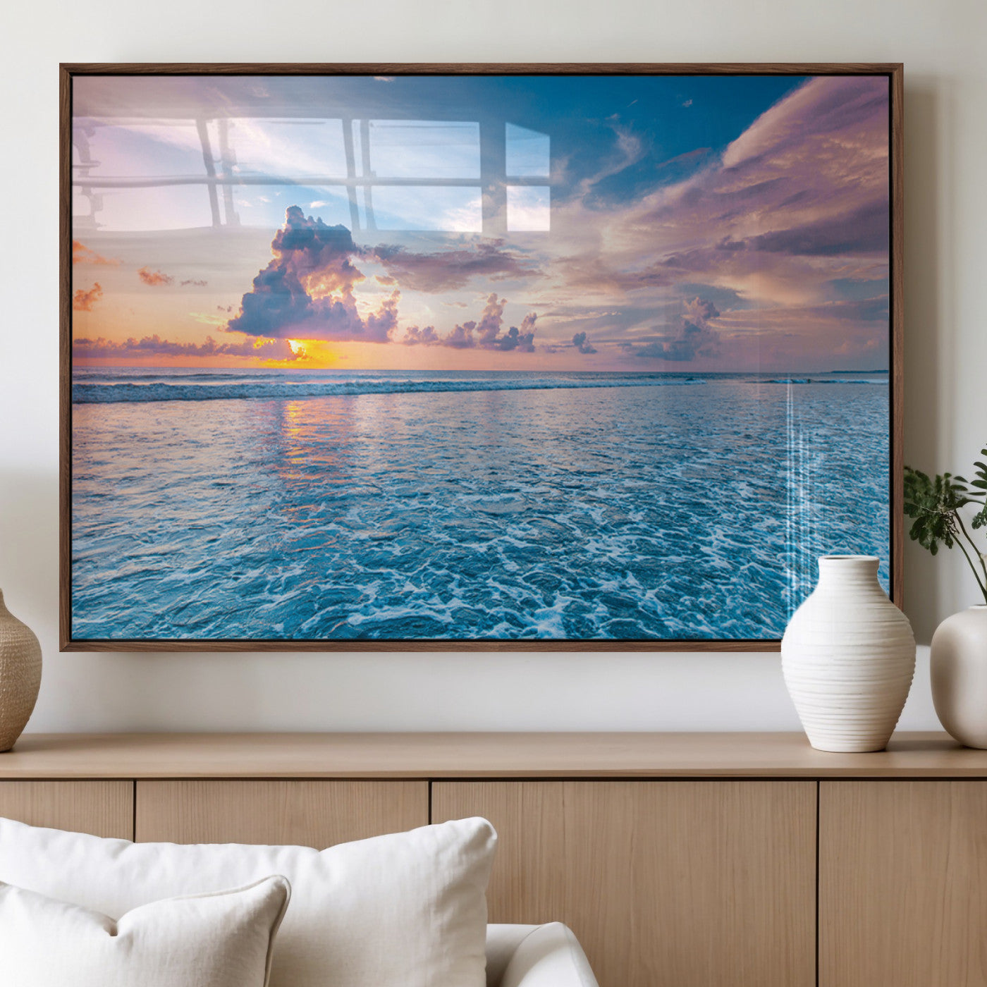 36641-MGV-FP-36X24-3P_Walnut-Ocean Sunset Canvas Wall Art Print – Tranquil Seascape Vibrant Sky Rolling Waves Coastal Artwork for Home, Office