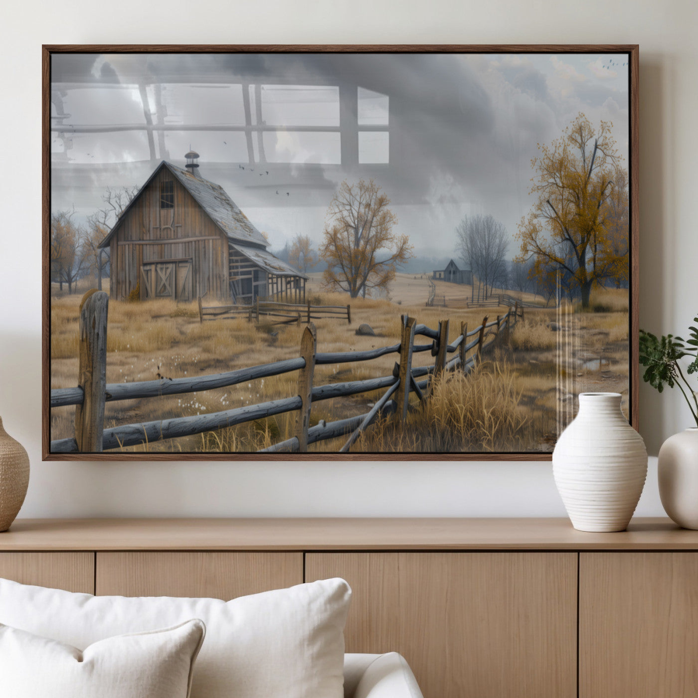 Farm1-MGV-FP-36X24-3P_Walnut-Rustic Autumn Farmhouse Wall Art Canvas Print – Serene Countryside Scene with Weathered Barn and