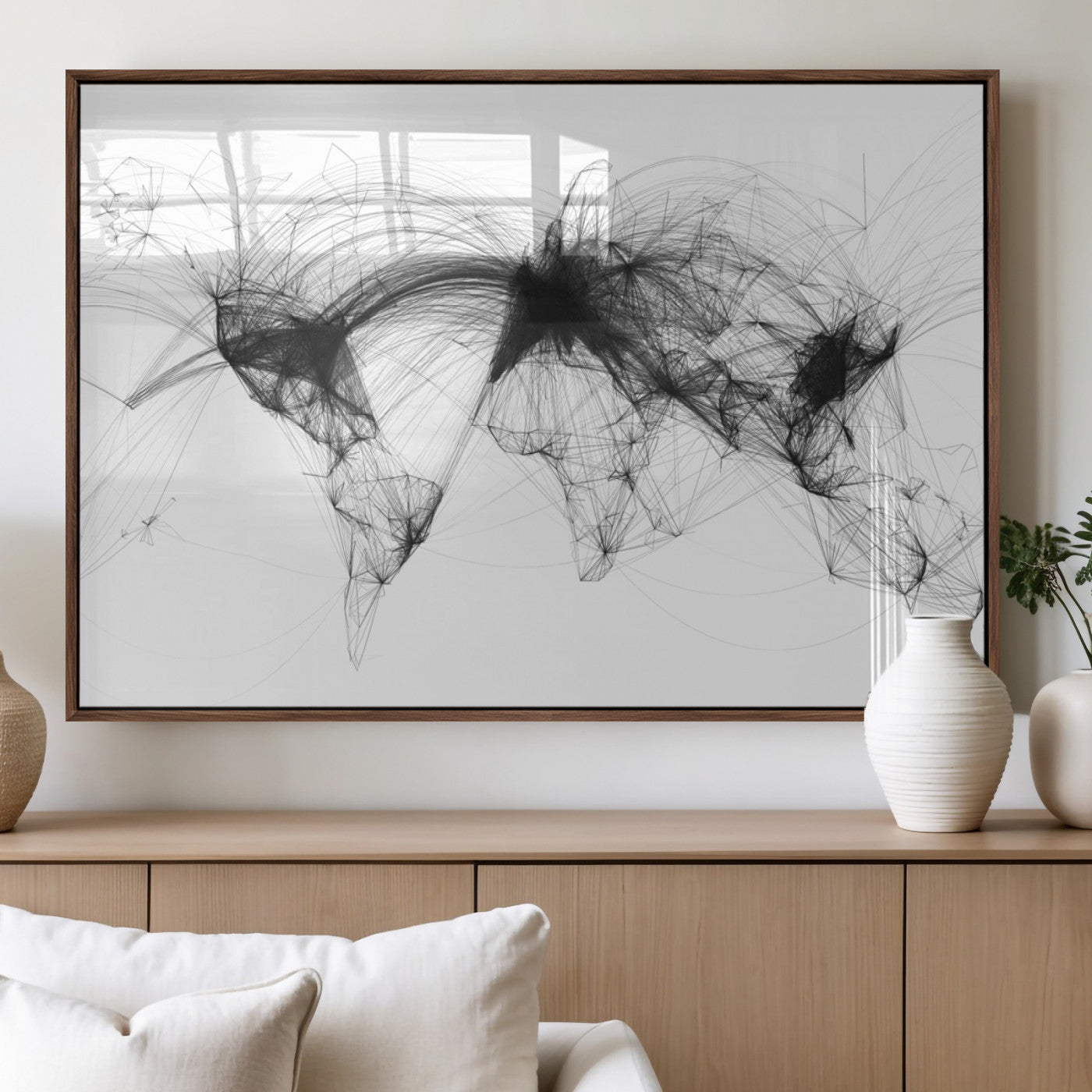 Black-Flight-Routes-MGV-FP-36X24-3P_Walnut-Flight Routes Air Traffic Map Canvas Wall Art - Framed - Ready to Hang