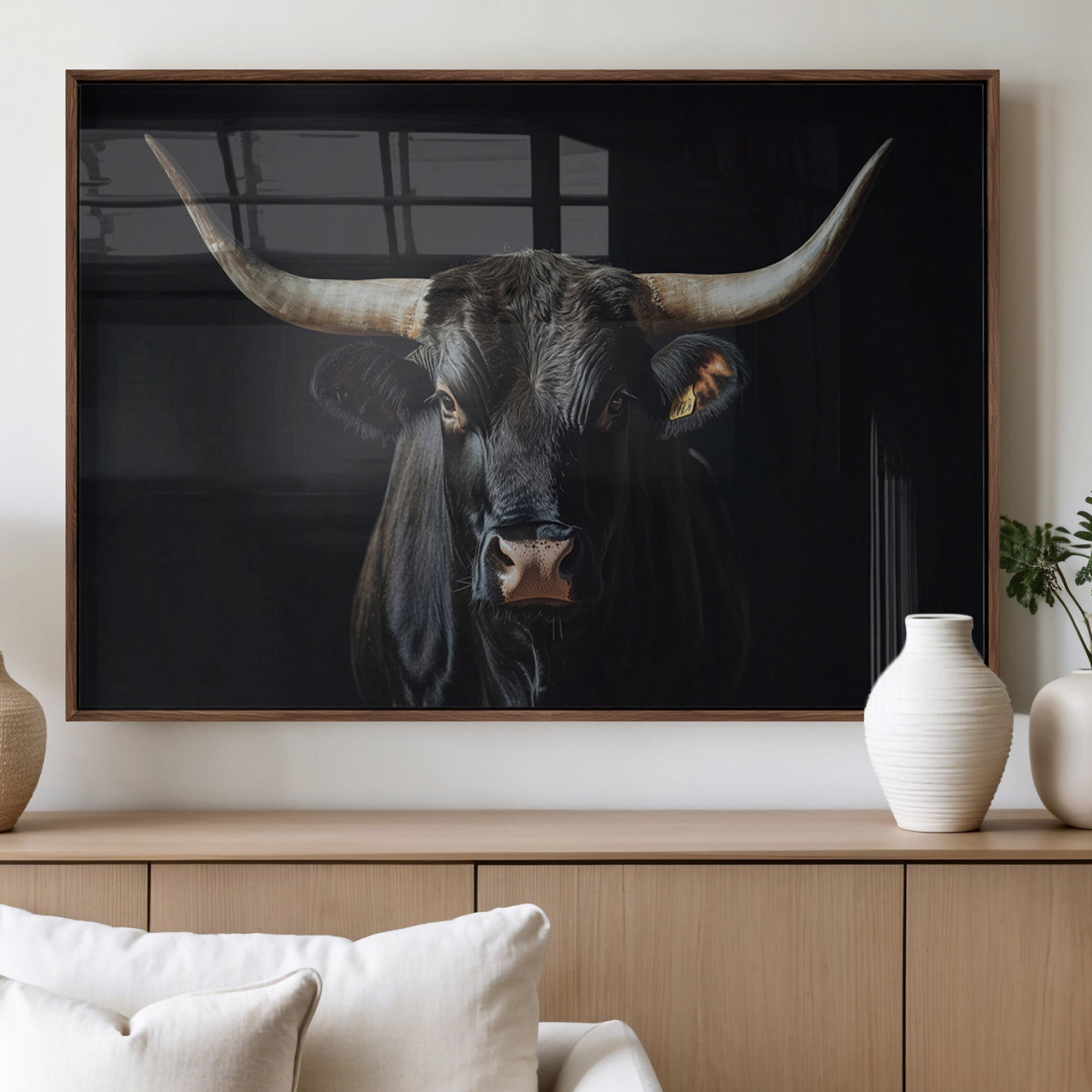 48065167-MGV-FP-36X24-3P_Walnut-Majestic Longhorn Bull Wall Art Canvas Print – Dark Background Western Ranch Portrait Artwork for Home, Office