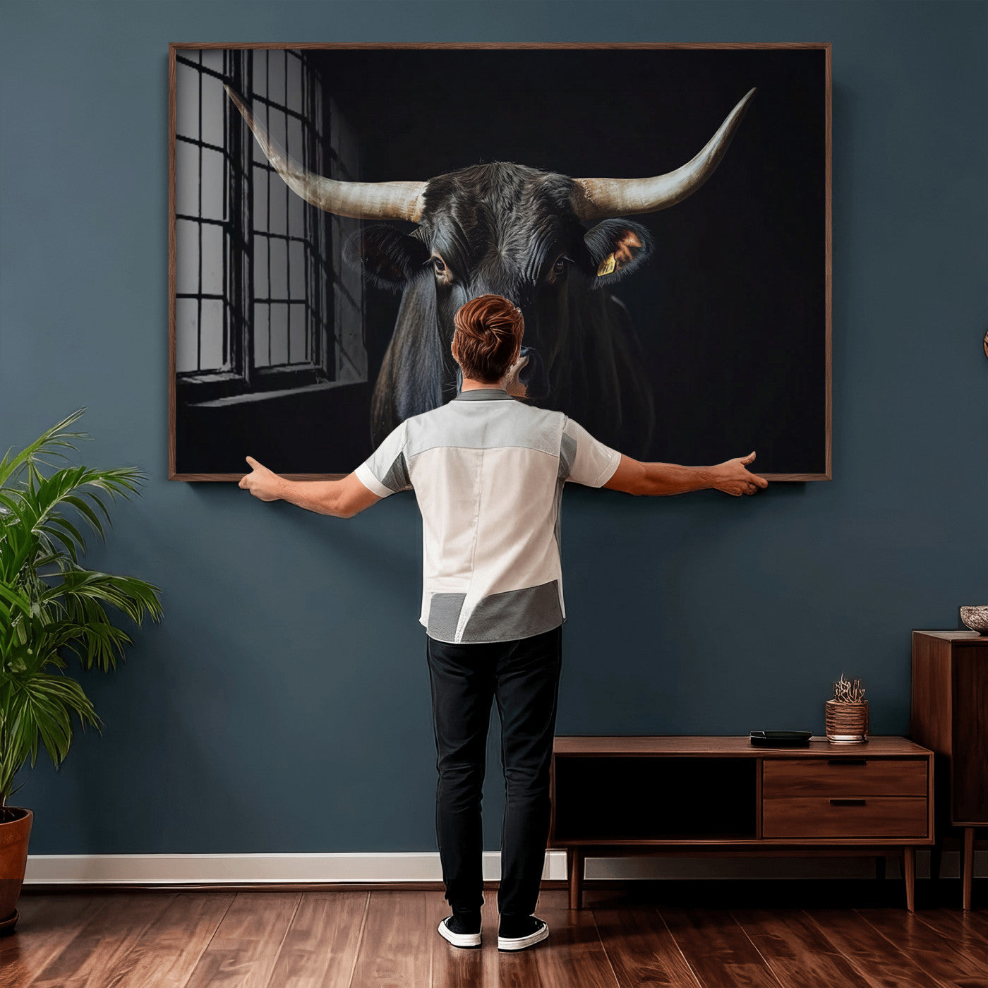 48065167-MGV-CV-36X24 - Texas Longhorn Bull Wall Art Canvas Print – Western Black Bull Art Print for Farmhouse Ranch Decor