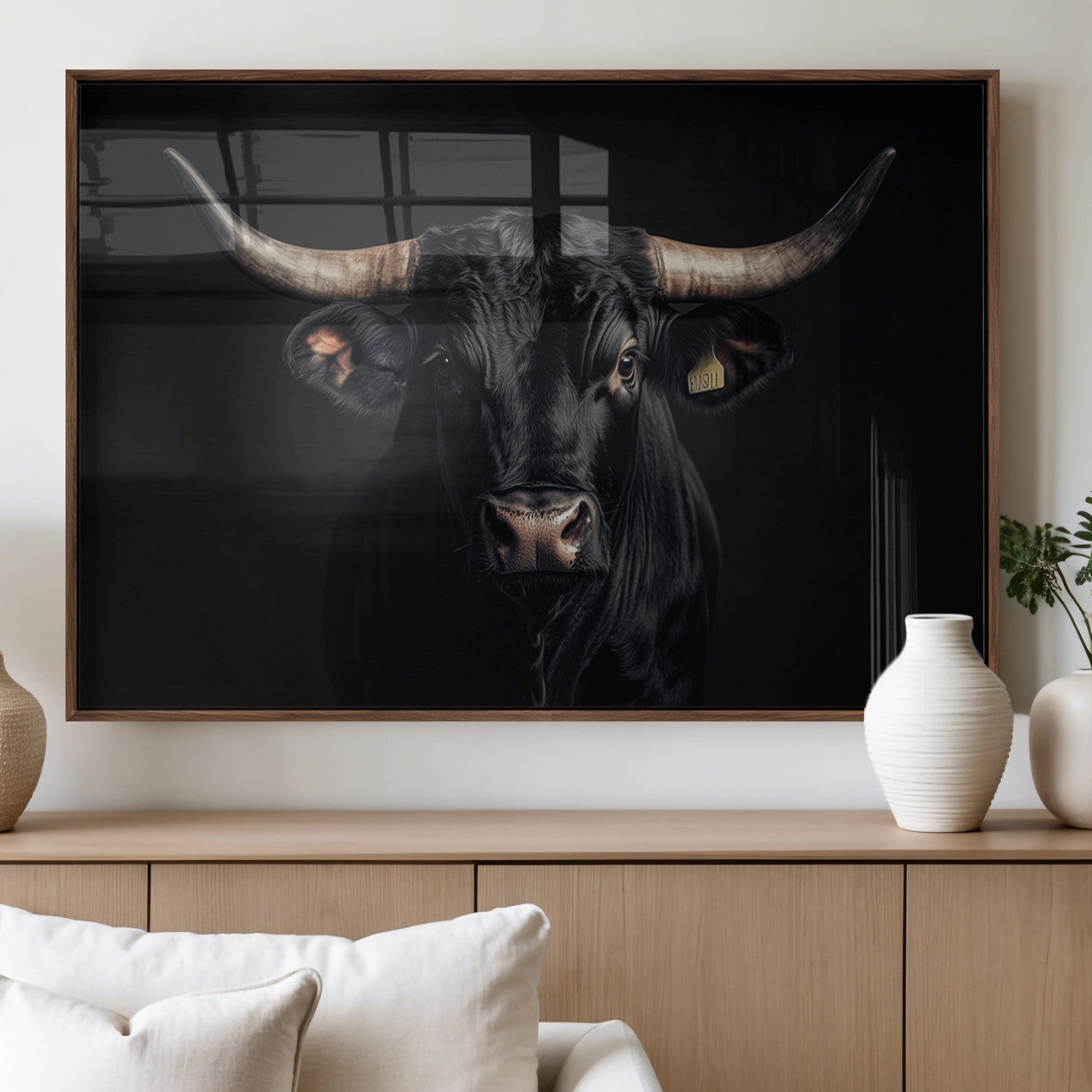 MGV-FP-36X24-3P - Black Bull Wall Art – Framed Horned Bull Canvas Artwork, Western Cattle Design, Rustic Ranch Style Decor for Home, Office