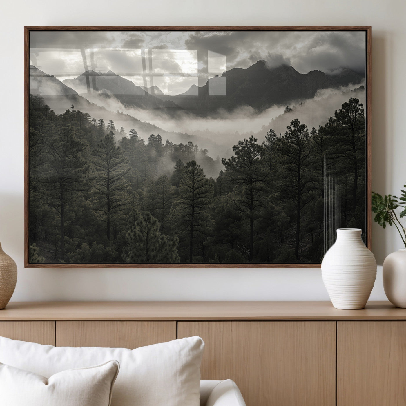 96173787-MGV-FP-36X24-3P_Walnut-Moody Forest Wall Art – Framed Mountain Fog Canvas Artwork, Misty Woodland Design, Tranquil Nature Decor for Home, Office