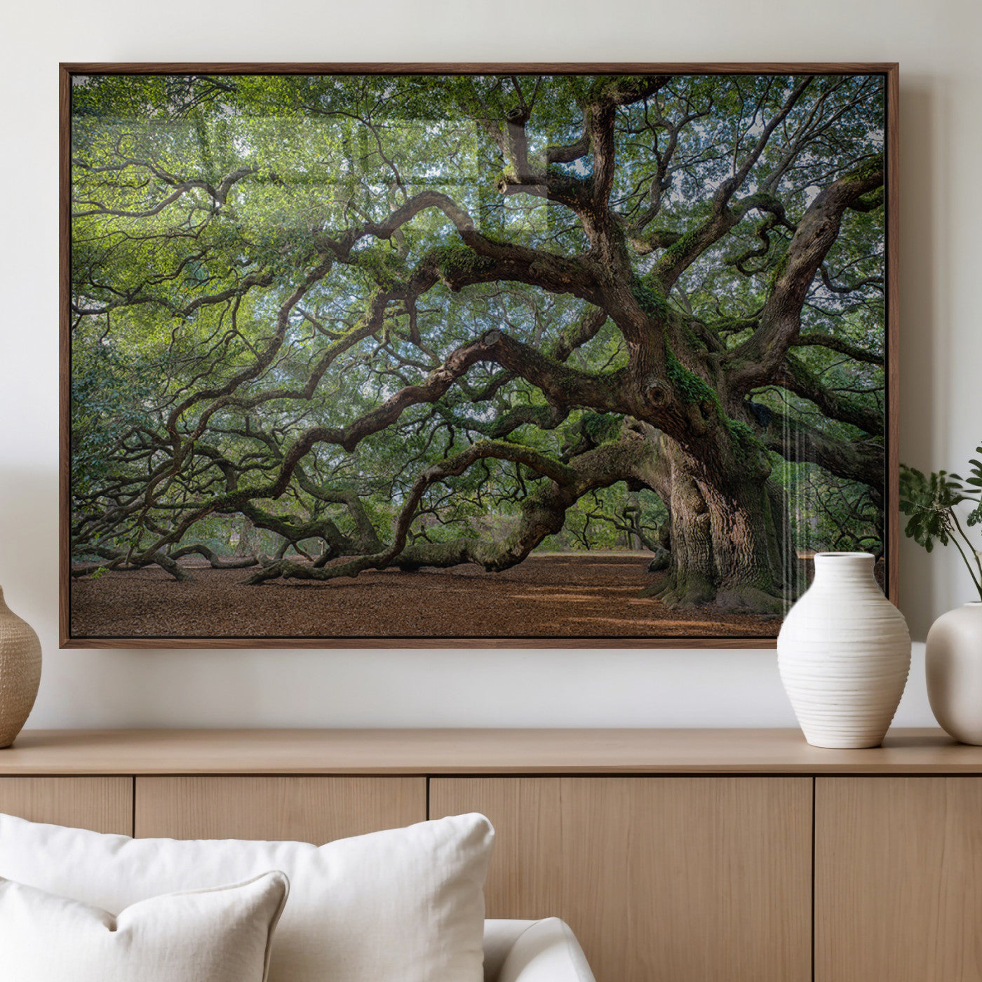 94886260-MGV-FP-36X24-3P_Walnut-Historic Tree Wall Art – Framed Mossy Branch Canvas Artwork, Twisted Woodland Design, Rustic Nature Decor for Home, Office