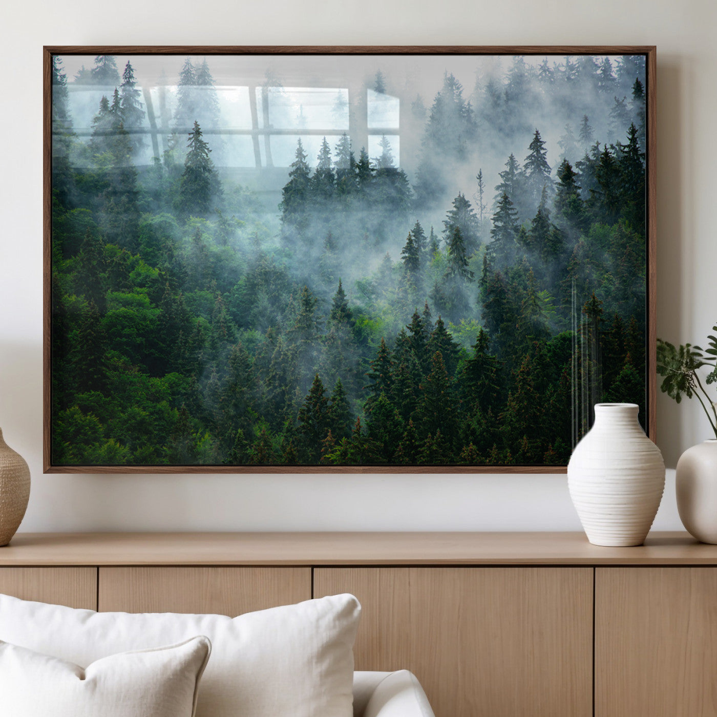 17393683-MGV-FP-36X24-3P_Walnut-Misty Forest Wall Art Canvas Print – Framed Foggy Mountain Scene with Serene Nature Artwork for Home, Office, Living Room