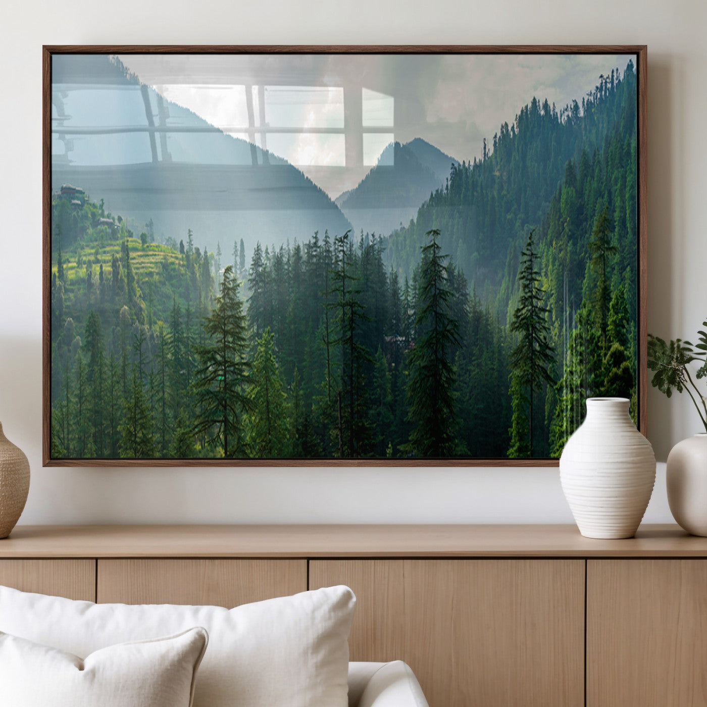 83417191-MGV-FP-36X24-3P_Walnut-Misty Forest Mountain Wall Art Canvas Print – Framed Serene Nature Scene with Tranquil Valley Artwork for Home, Office