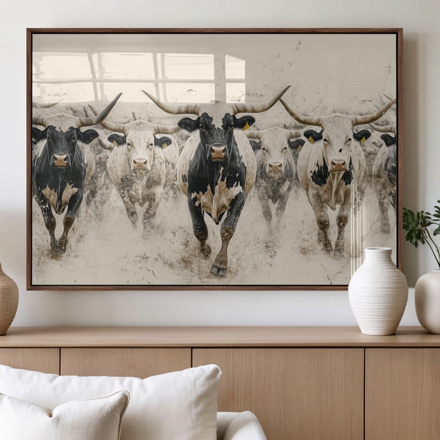 MGV-FP-36X24-3P - Cream Dust Longhorn Wall Art – Canvas Print of Western Herd Stampede, Dynamic Charge, Rustic Prairie Motion, Bold Nature Farm Decor
