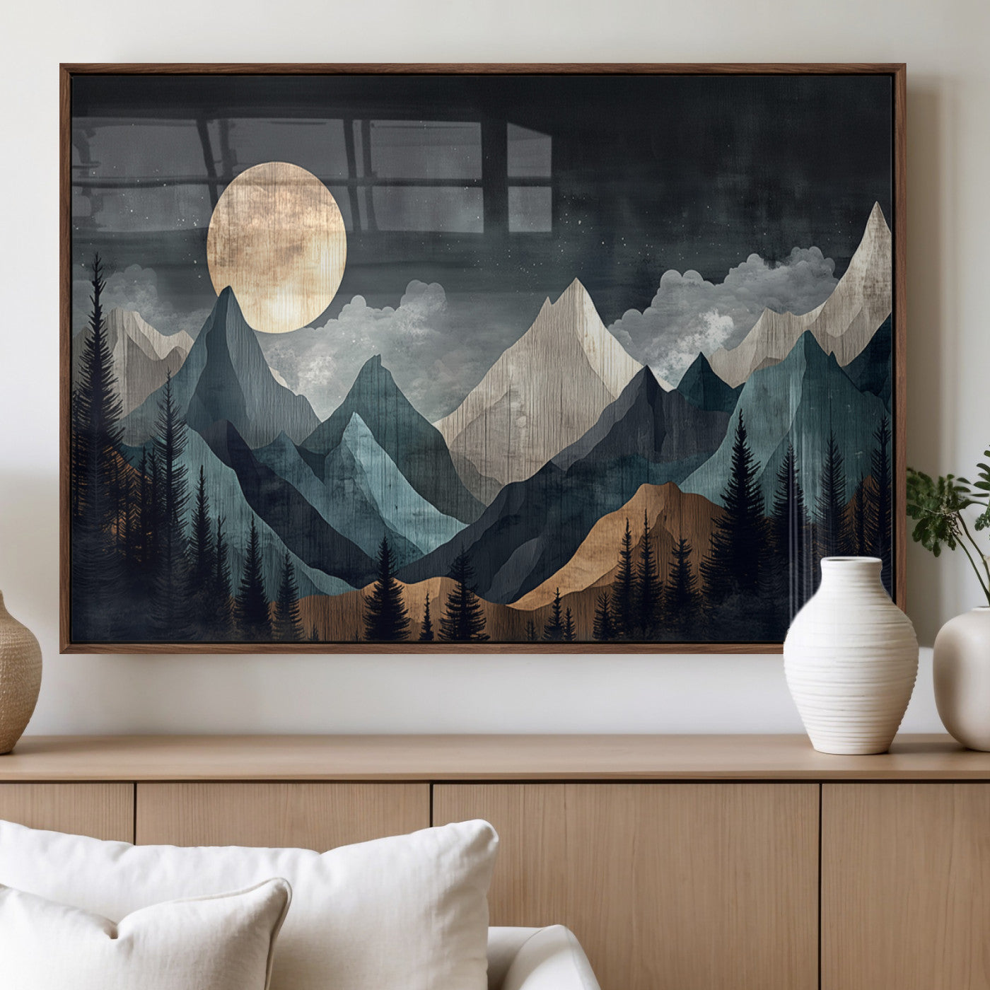 11060882-MGV-FP-36X24-3P_Walnut-Moonlit Mountain Wall Art Canvas Print – Silhouetted Pines Layered Peaks Tranquil Sky Mist Silver Light Nature Artwork for Home