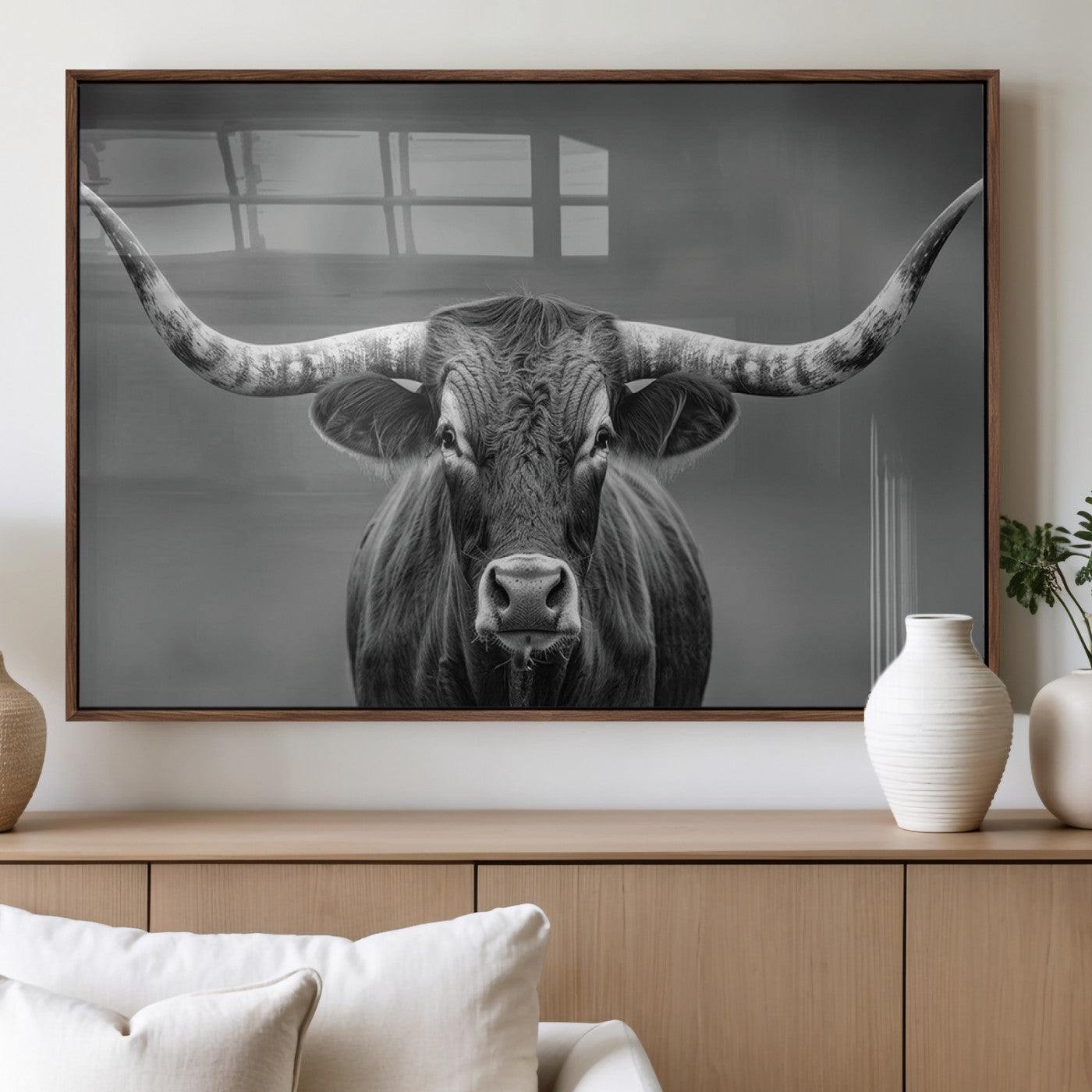 81228550-MGV-FP-36X24-3P_Walnut-Texas Longhorn Wall Art Canvas Print – Framed Western Bull Ranch Photography Rustic Country Farm Decor Artwork for home, office