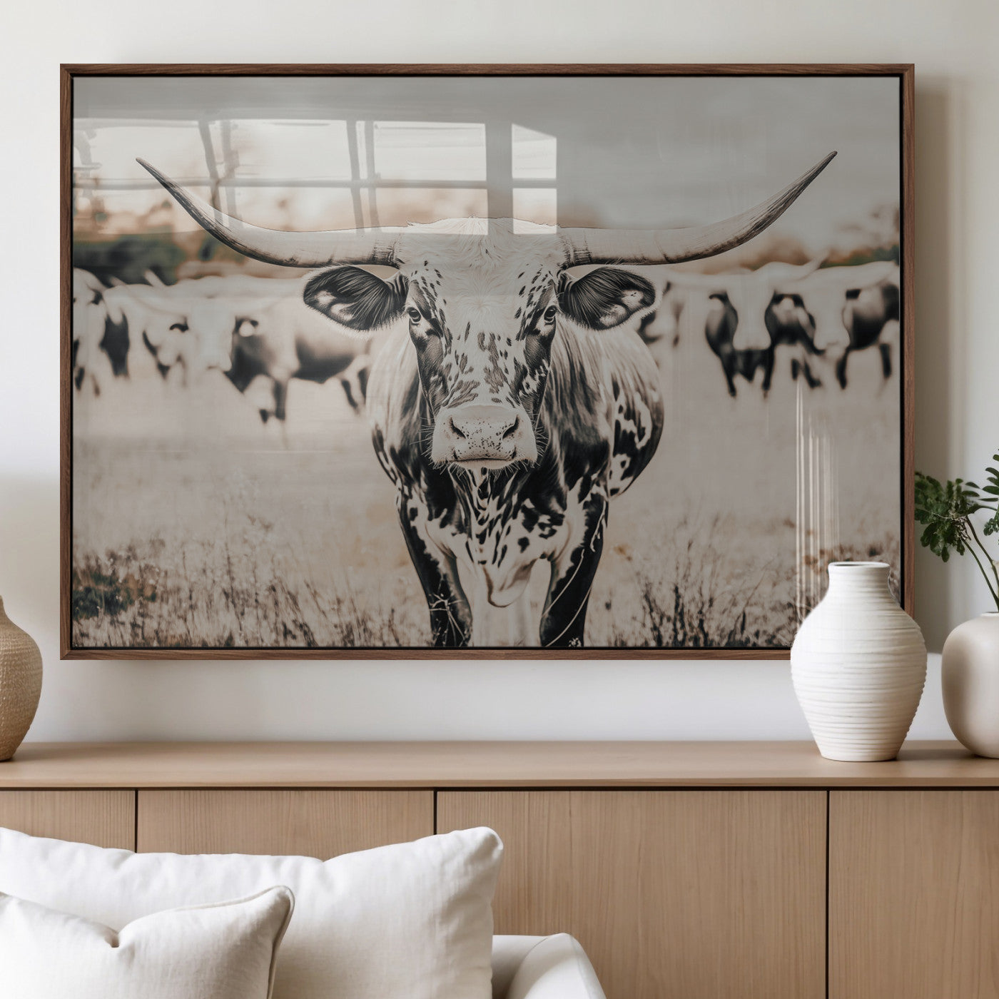 27497342-MGV-FP-36X24-3P_Walnut-Texas Longhorn Wall Art Canvas Print – Framed Speckled Bull Horned Cattle Rustic Western Artwork for Home Office