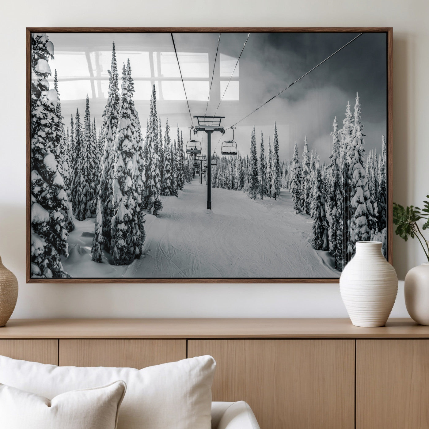 31156828-MGV-FP-36X24-3P_Walnut-Snowy Pines Wall Art Canvas Print – Framed Ski Lift Winter Forest Snowy Landscape Moody Lodge Artwork for Home, Office
