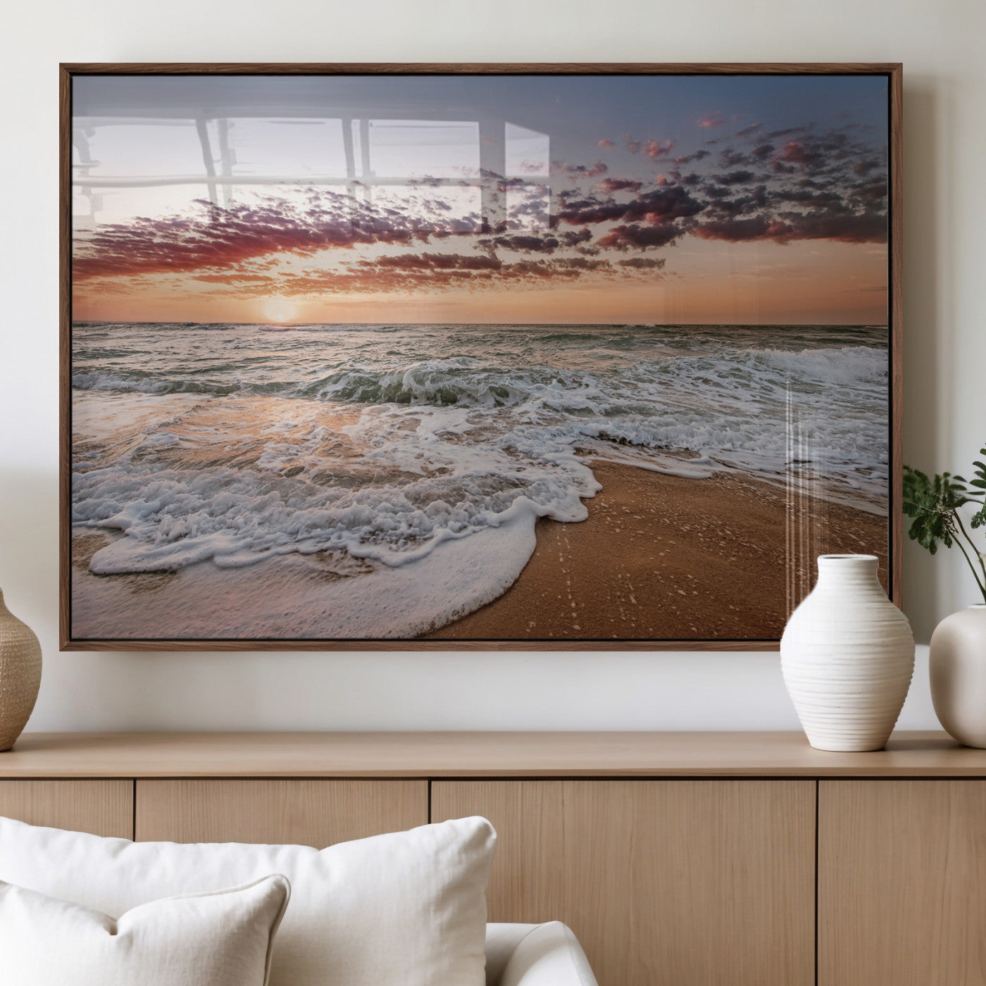 39846389-MGV-FP-36X24-3P_Walnut-Ocean Sunset Wall Art Canvas Print – Framed Sandy Shore Gentle Waves Coastal Landscape Minimalist Artwork for Home, Office