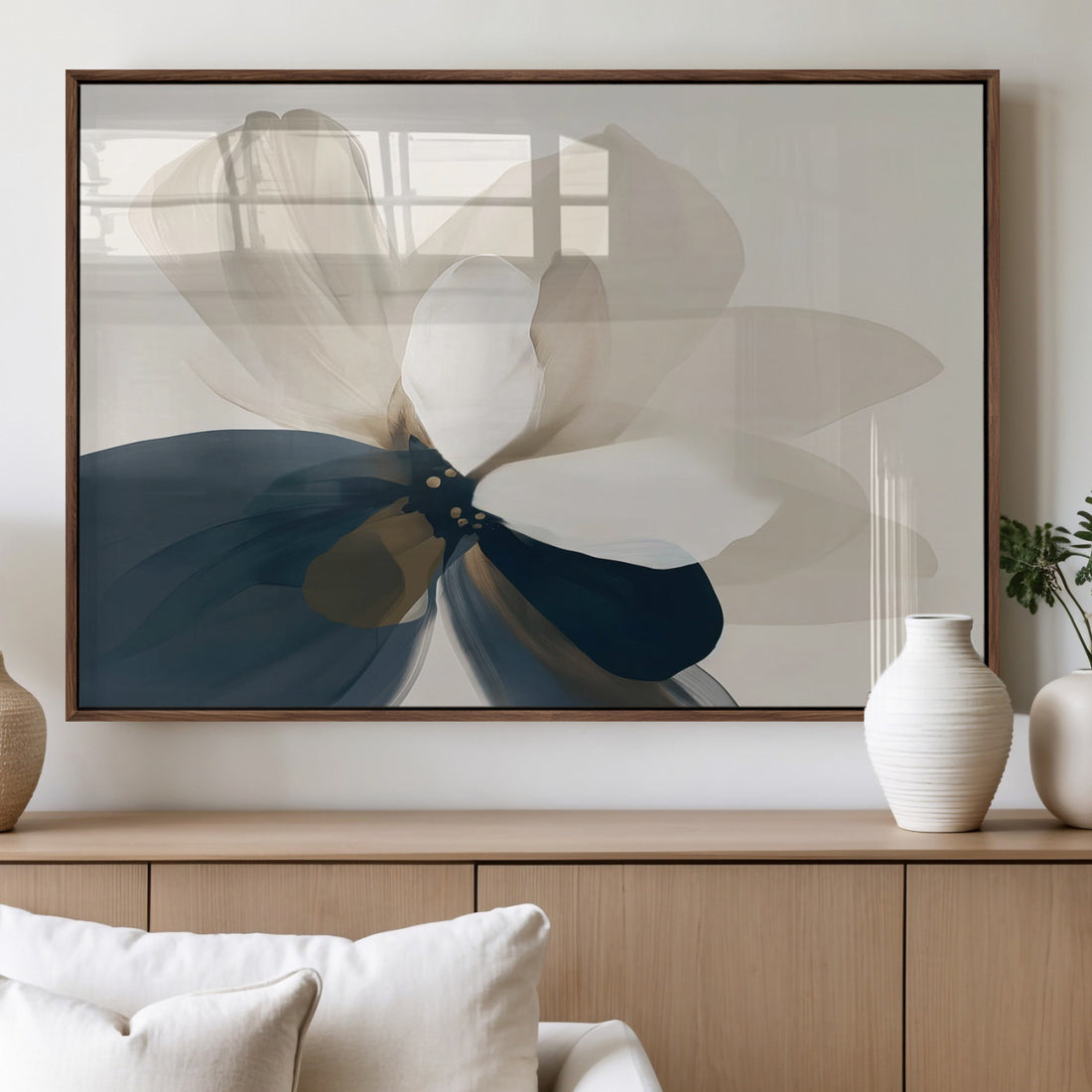 Minimal Flower Wall Art Canvas Print | Framed Beige and Navy Bloom