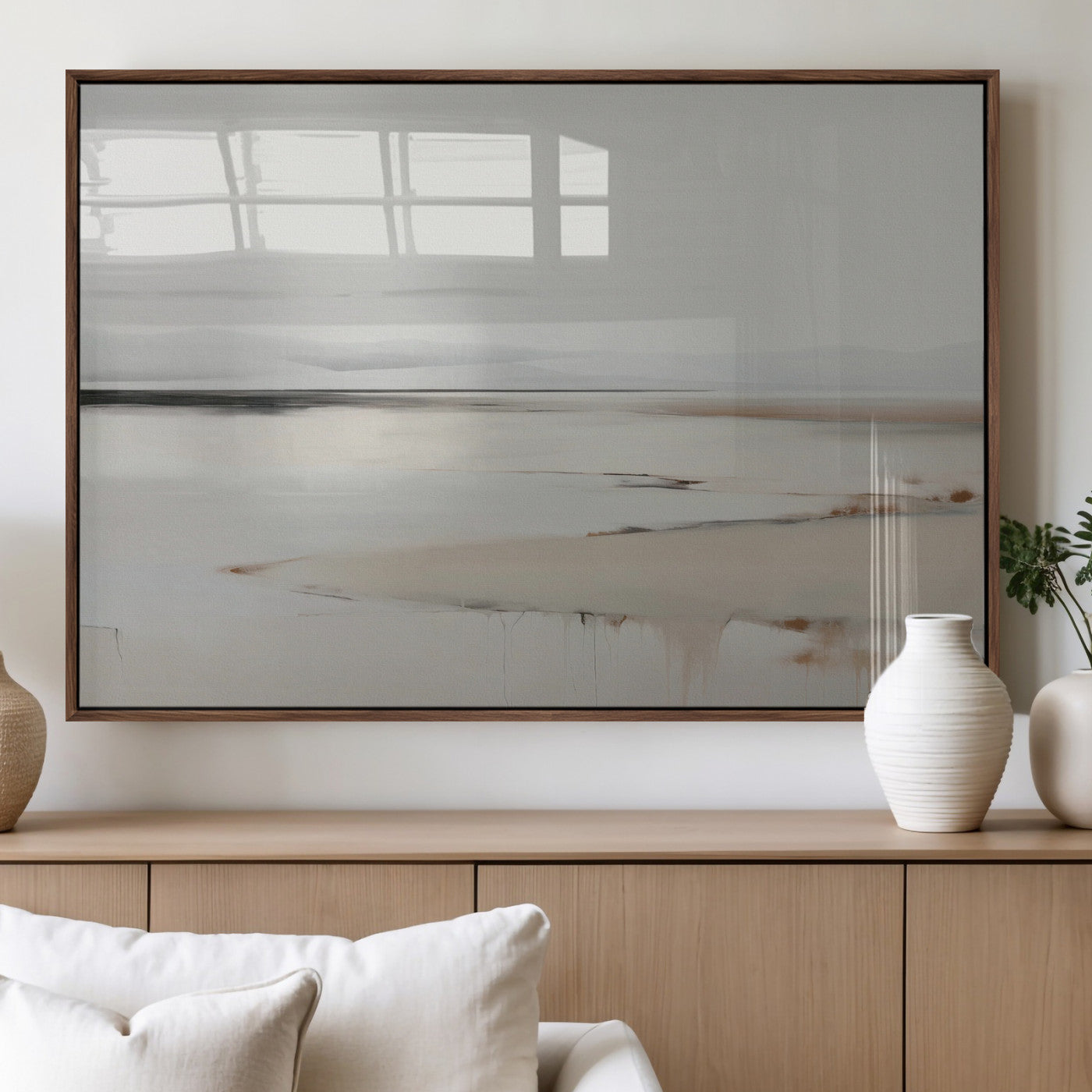 89410095-MGV-FP-36X24-3P_Walnut-Minimalist Landscape Wall Art Canvas Print – Framed Soft Horizon Abstract Seascape Earthy Tones Artwork for Home Office
