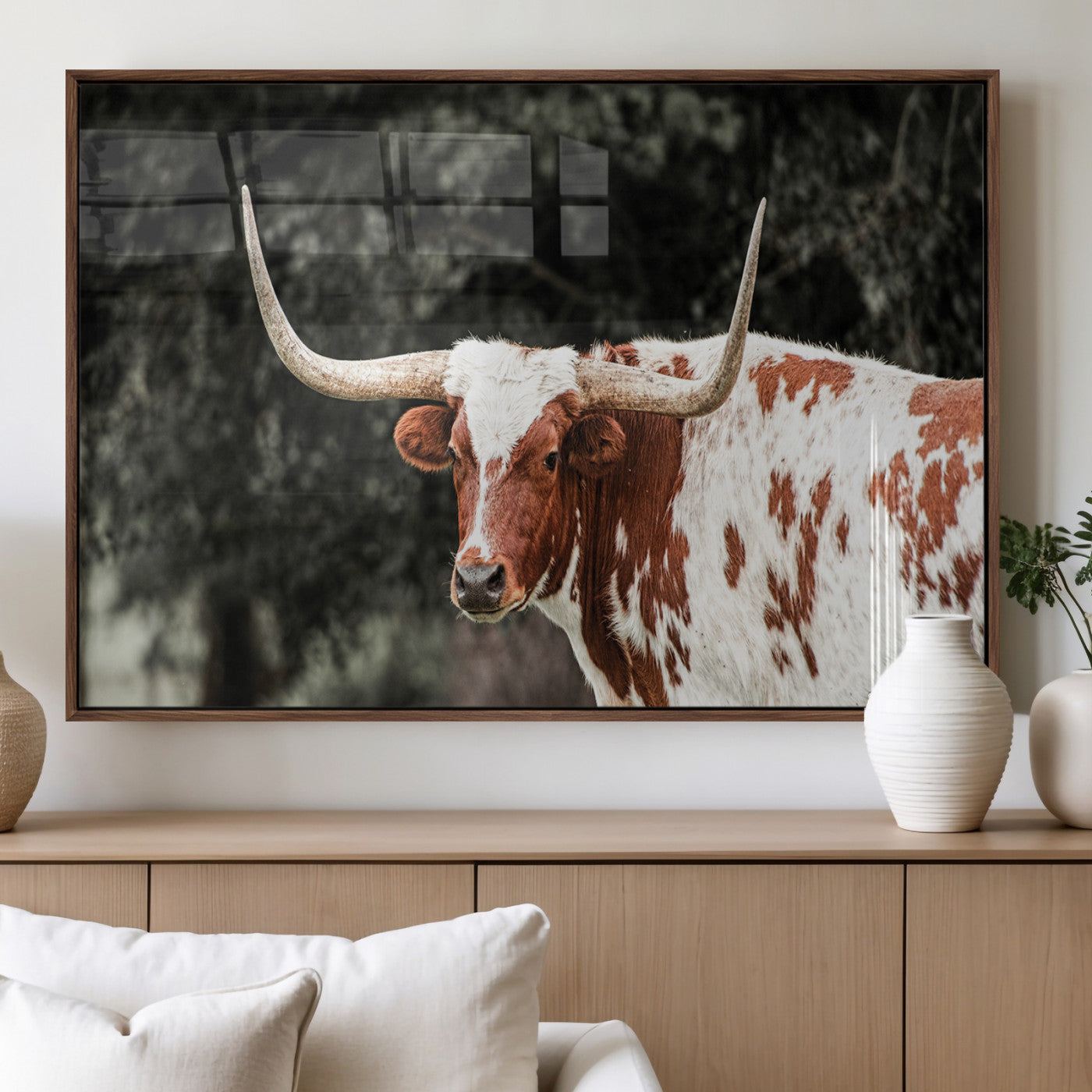 54027638-MGV-FP-36X24-3P_Walnut-Texas Longhorn Wall Art Canvas Print – Framed Spotted Bull Horned Cattle Rustic Western Decor Artwork for Home, Office