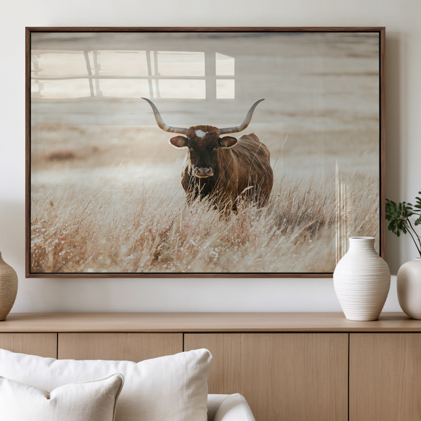 15937933-MGV-FP-36X24-3P_Walnut-Texas Longhorn Wall Art Canvas Print – Framed Brown Horned Bull Rustic Western Cattle Artwork for Home, Office