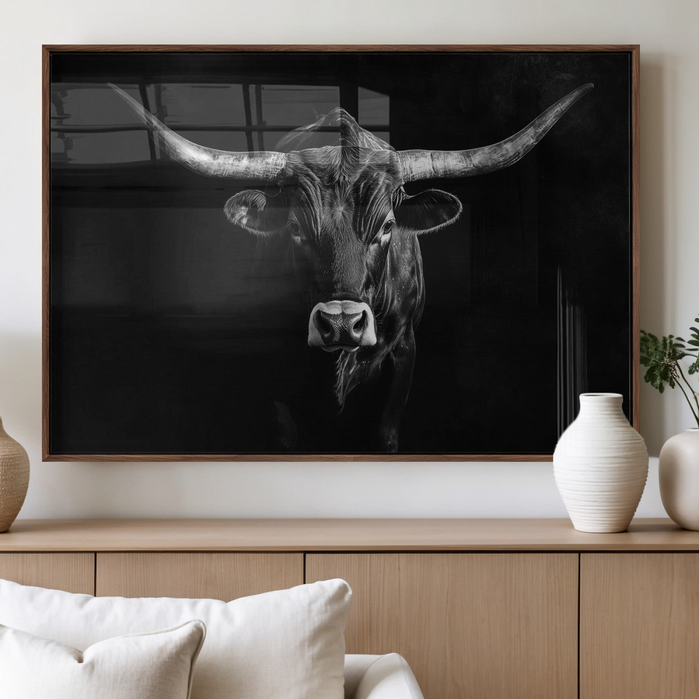 42077175-MGV-FP-36X24-3P_Walnut-Texas Longhorn Wall Art Canvas Print – Framed Monochrome Horned Bull Rustic Western Cattle Artwork for Home, Office