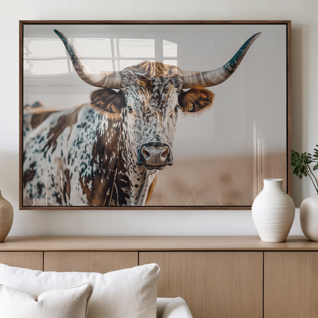 Texas Longhorn Wall Art | Framed Speckled Cow Canvas