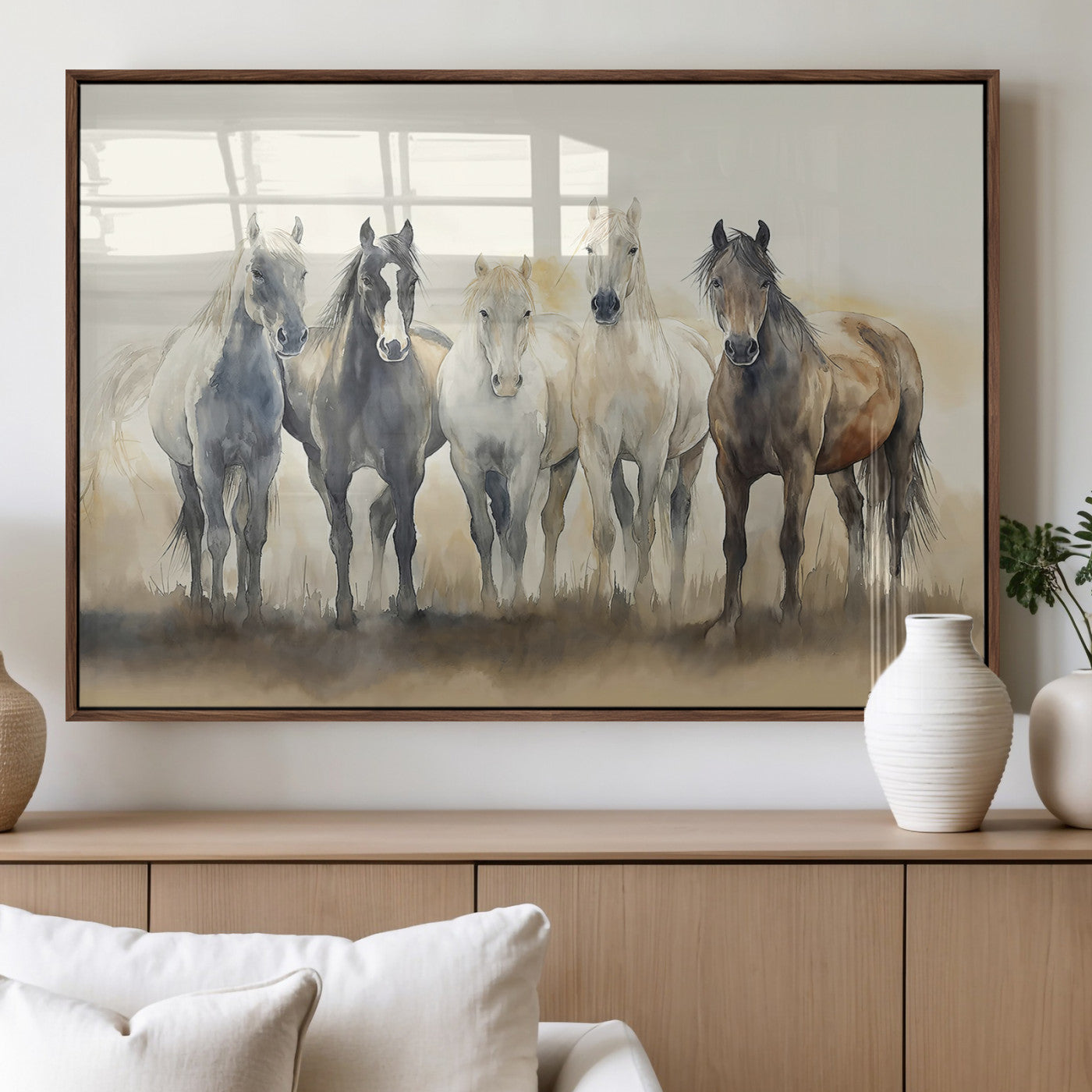MGV-FP-36X24-3P - Wild Horses Wall Art Canvas Print, Framed Running Horses Art Picture Print, Watercolor Horses Perfect Rustic Western Decor Artwork