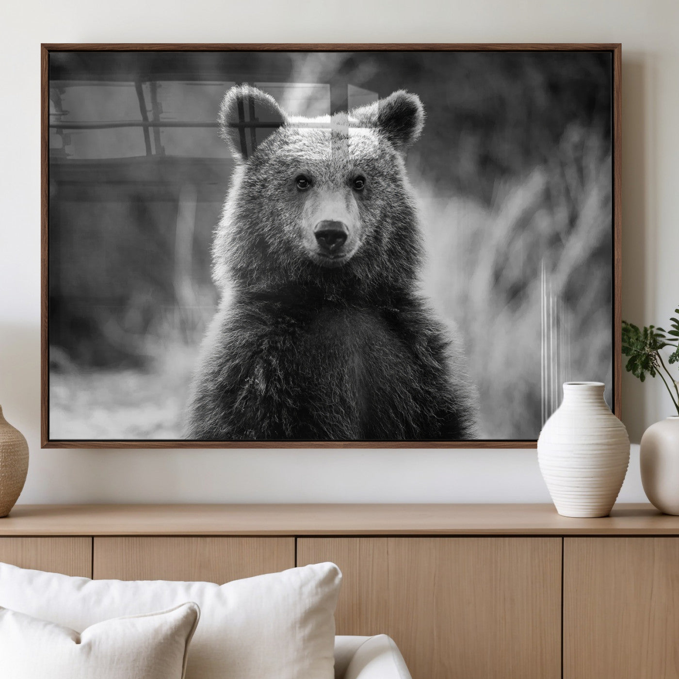 55656803-MGV-FP-36X24-3P_Walnut-Grizzly Bear Wall Art Canvas Print – Framed Black White Wildlife Rustic Nature Artwork for Home, Office Decor